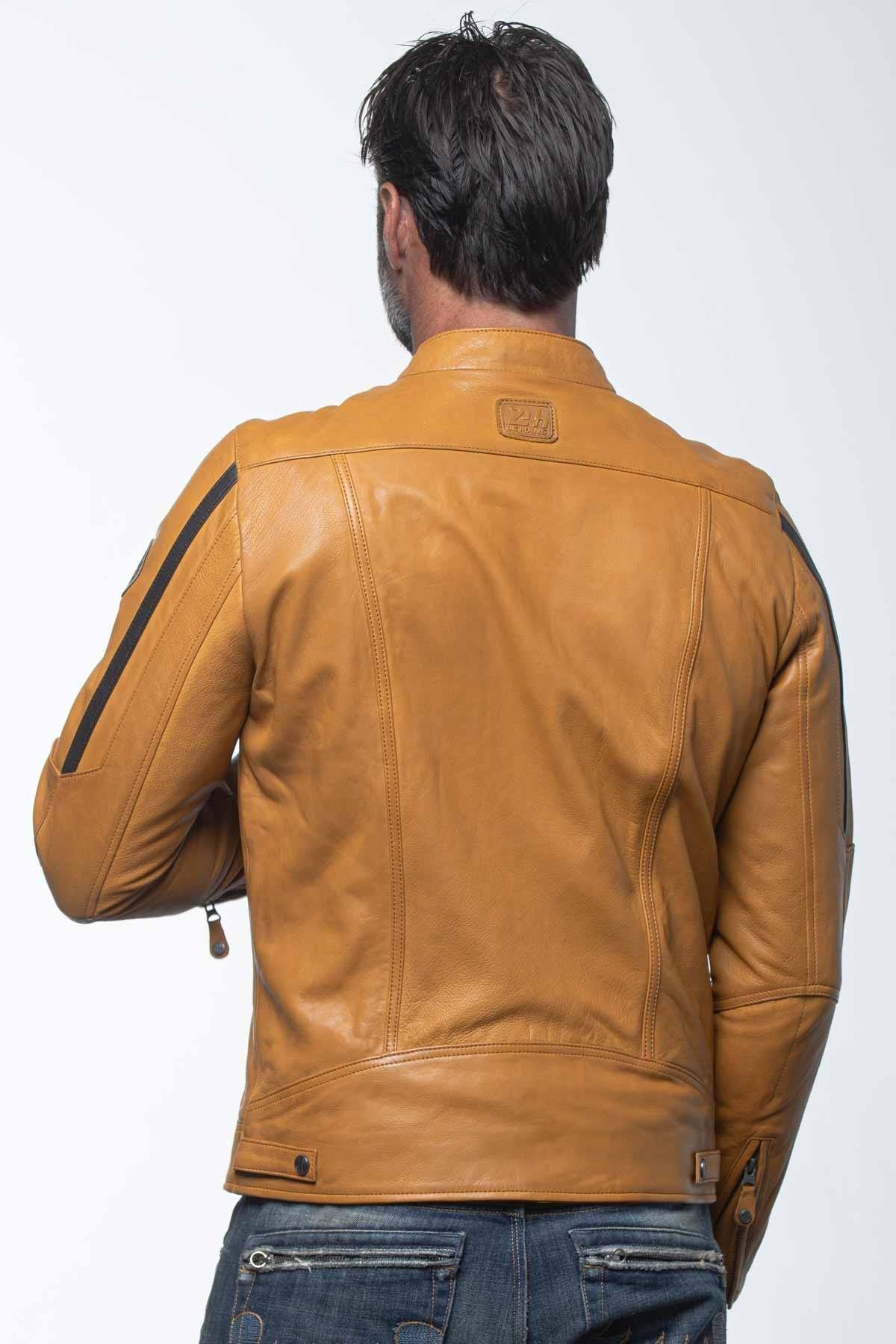 Yellow racing biker collar leather jacket - Image n°4