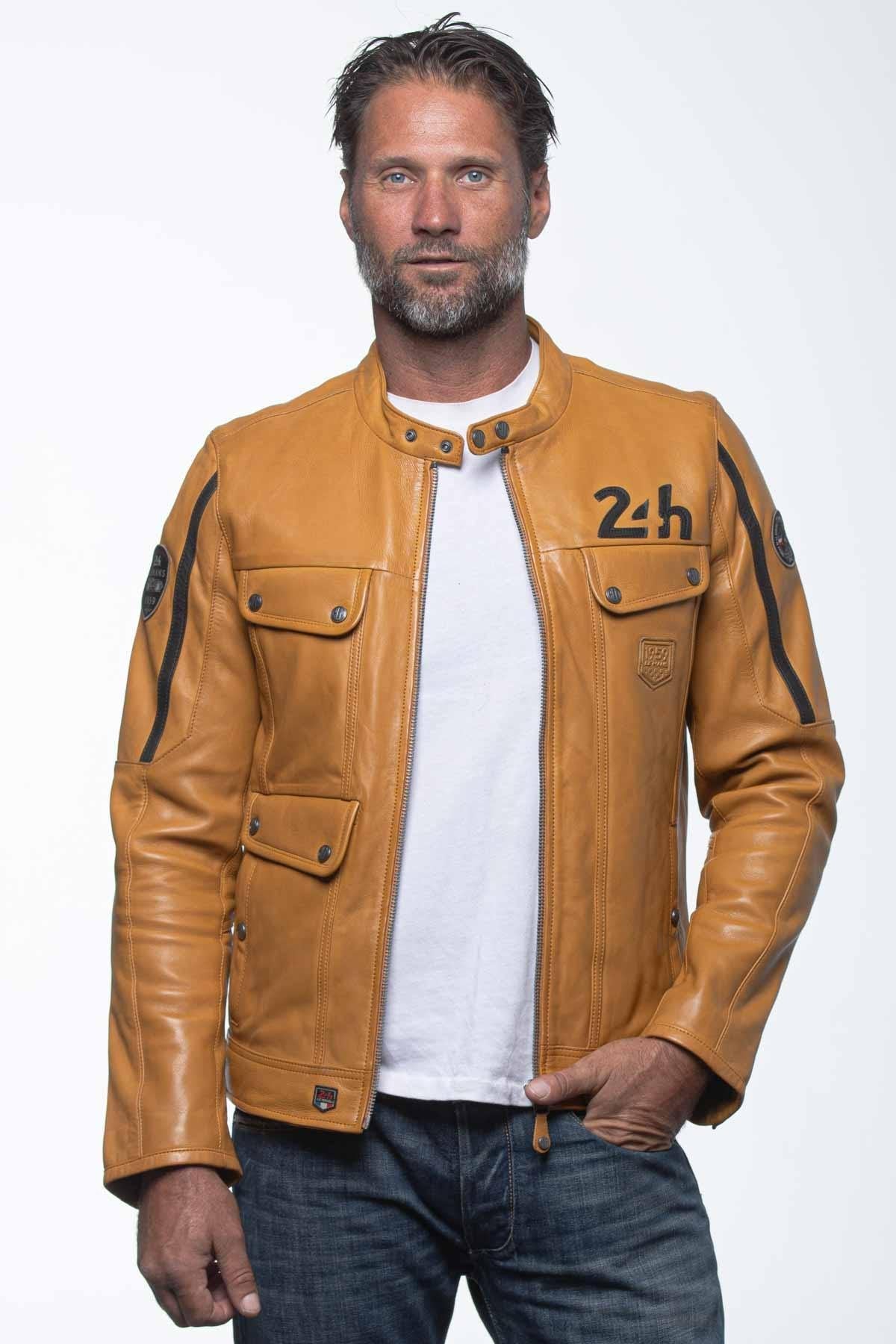 Yellow racing biker collar leather jacket - Image n°1