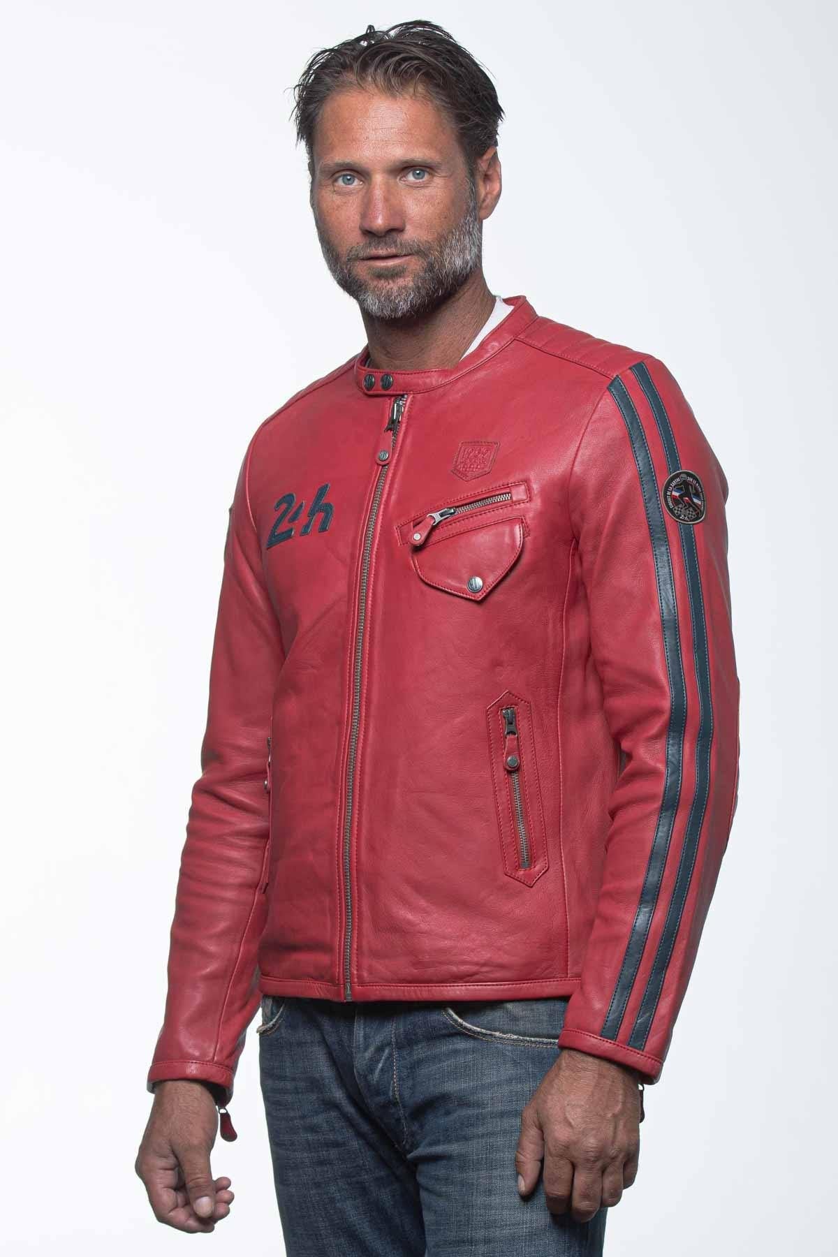 Racing red biker collar leather jacket - Image n°3