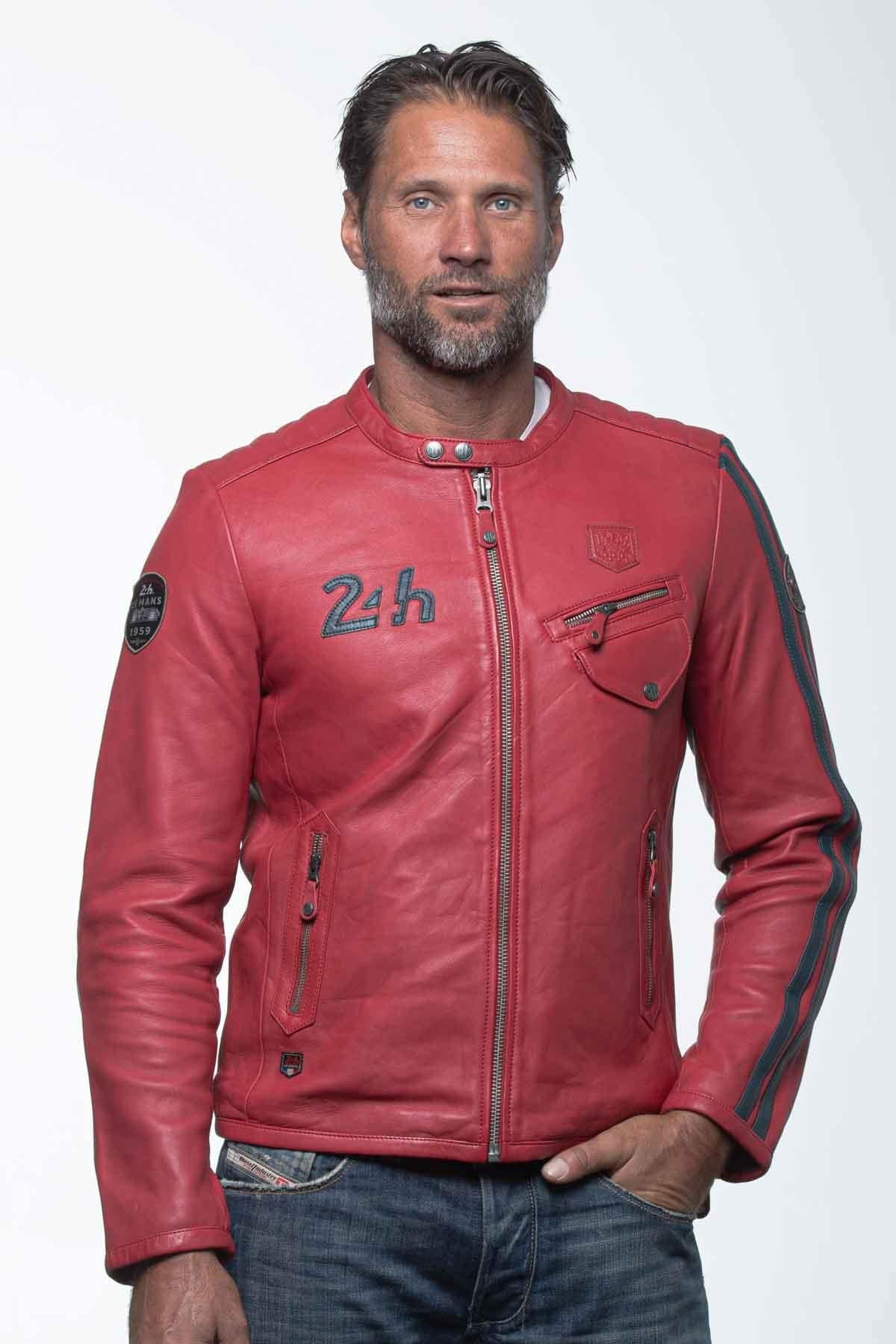 Racing red biker collar leather jacket - Image n°4