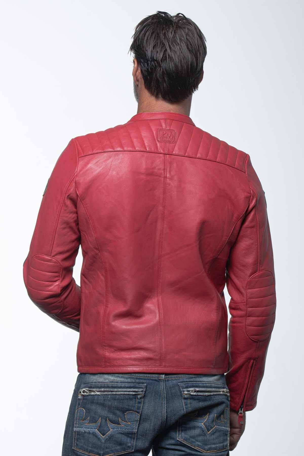 Racing red biker collar leather jacket - Image n°2