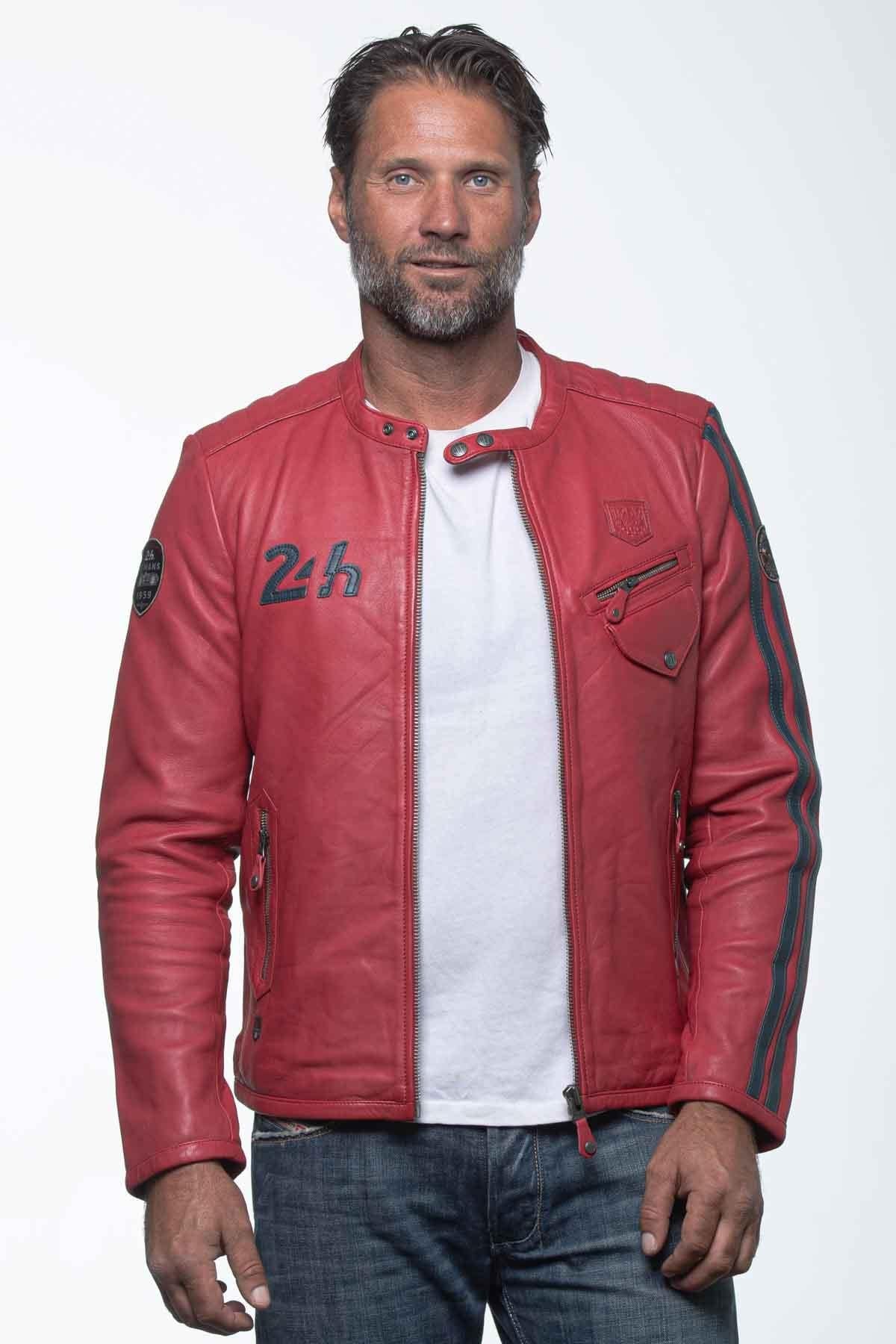 Racing red biker collar leather jacket - Image n°1