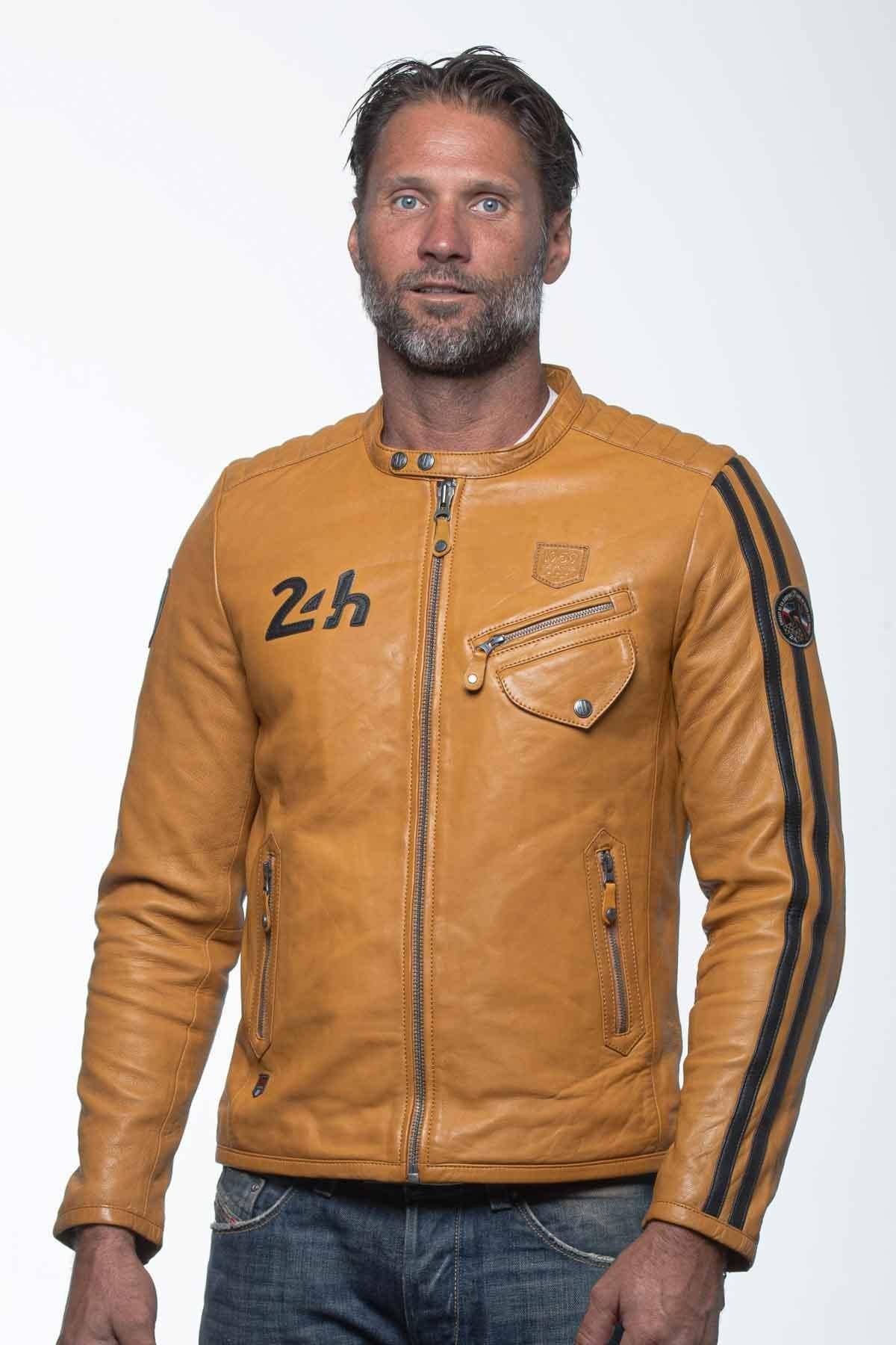 Yellow racing biker collar leather jacket - Image n°6