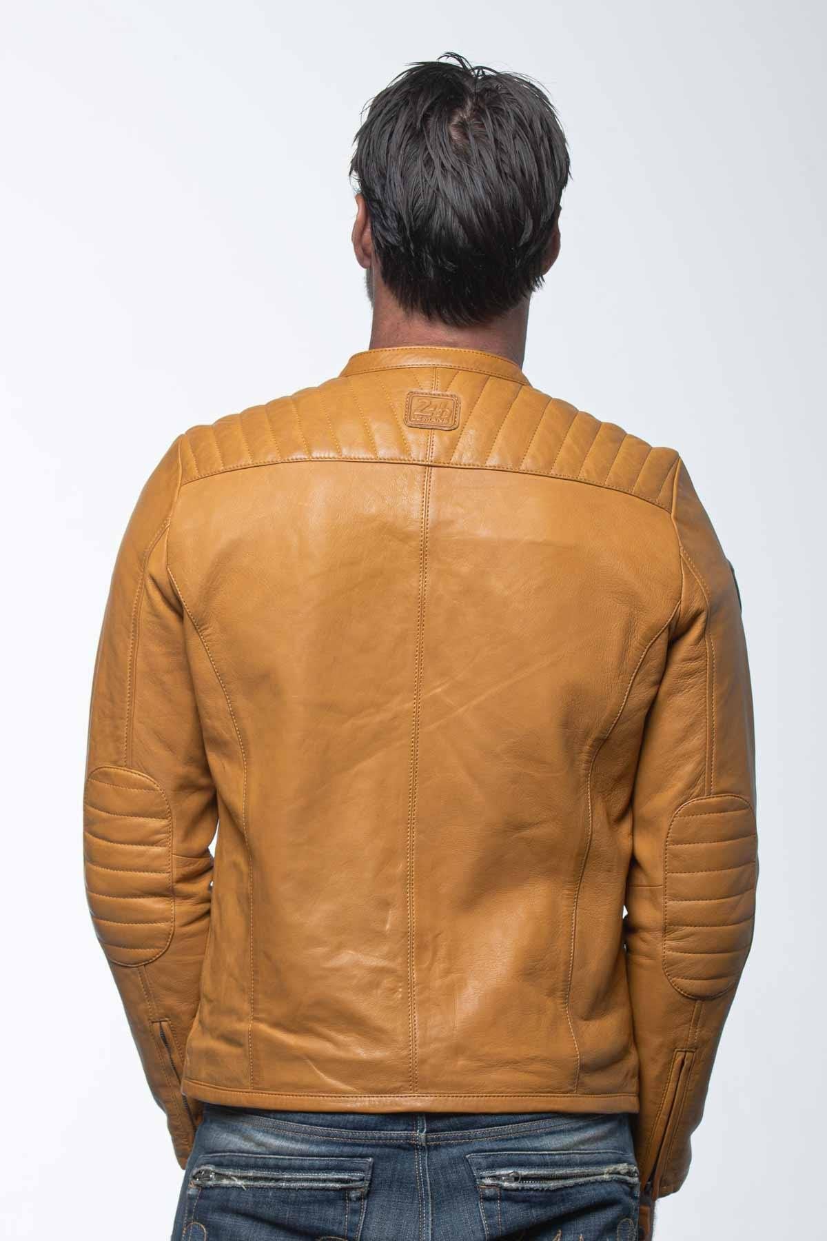 Yellow racing biker collar leather jacket - Image n°5