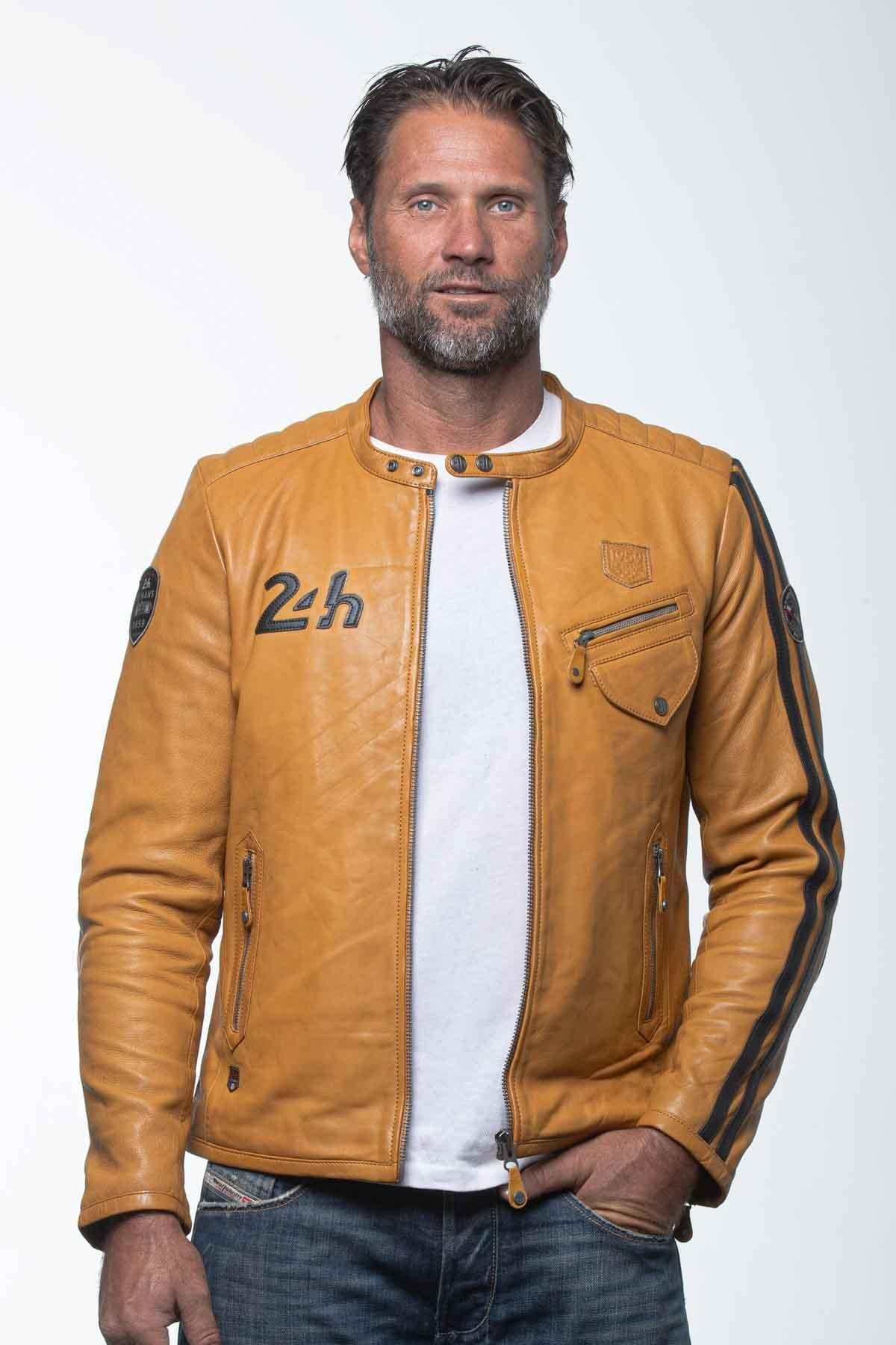 Yellow racing biker collar leather jacket - Image n°3