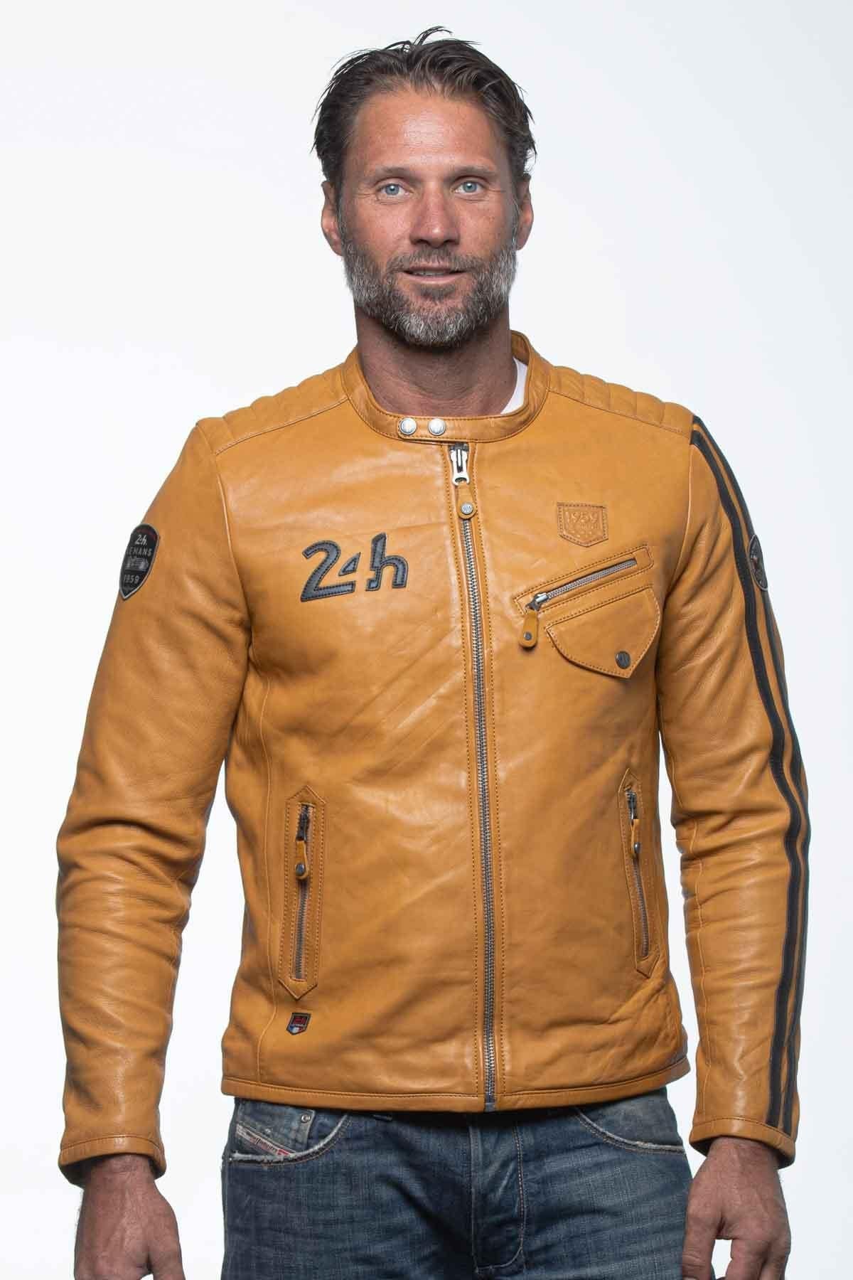 Yellow racing biker collar leather jacket - Image n°2