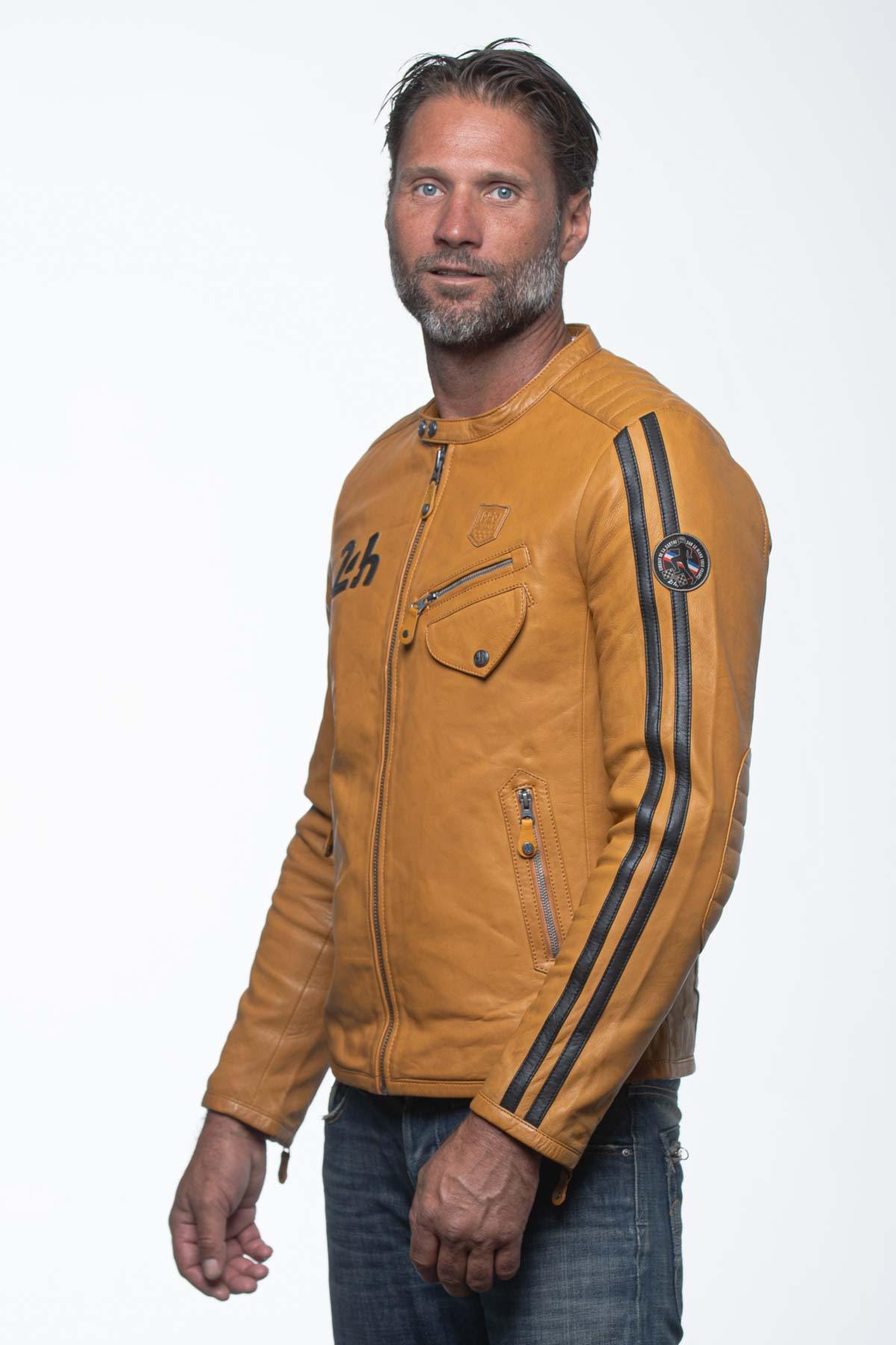 Yellow racing biker collar leather jacket - Image n°4