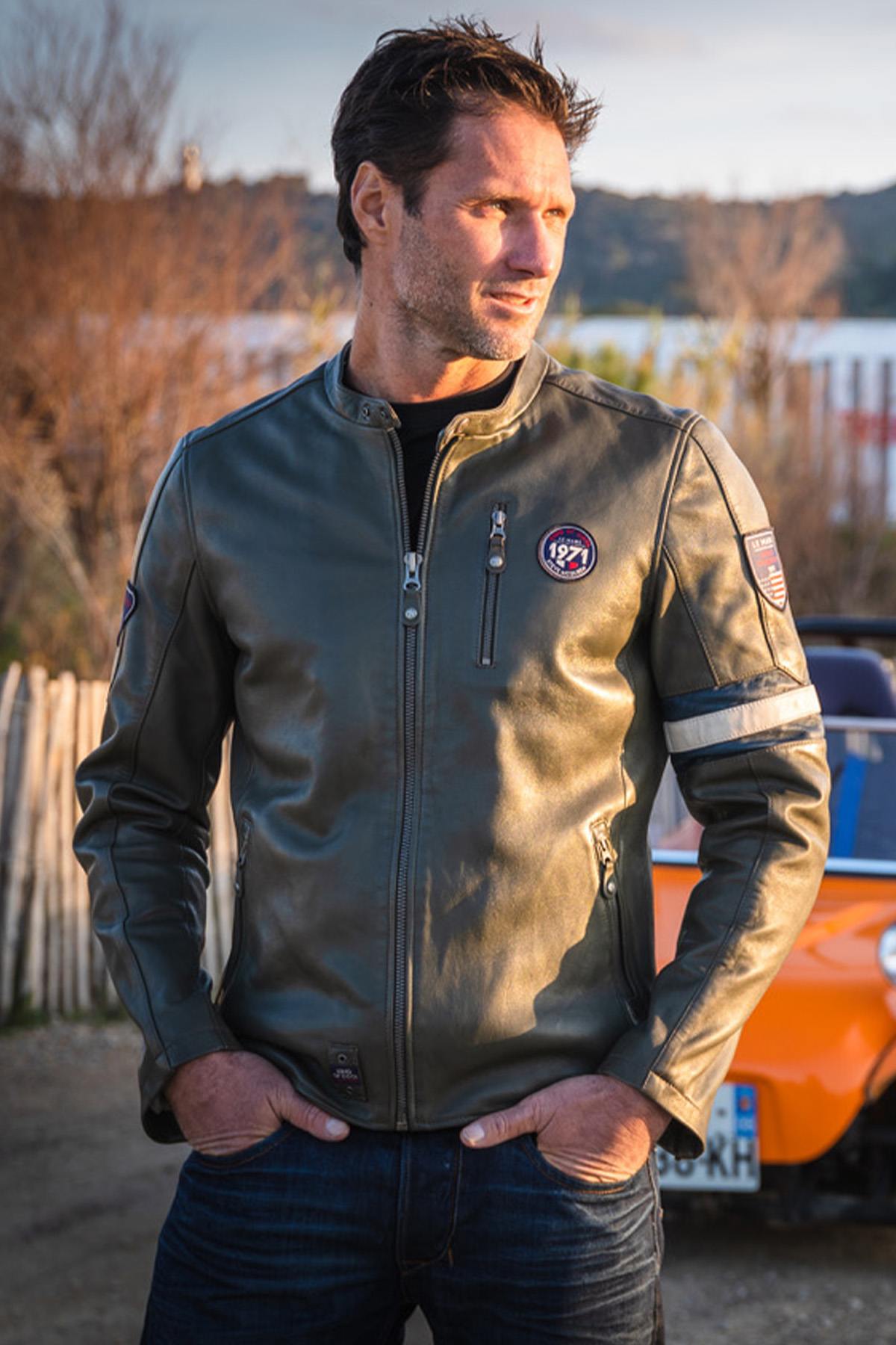 Khaki racing style leather jacket for Men - Image n°1