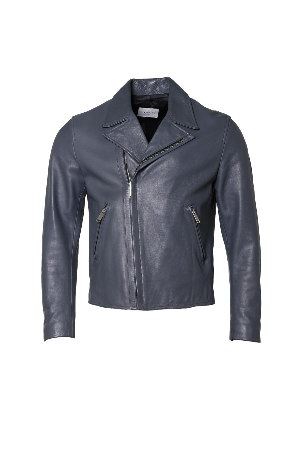 Blue gray cowhide Biker Jacket for Men - Image n°1