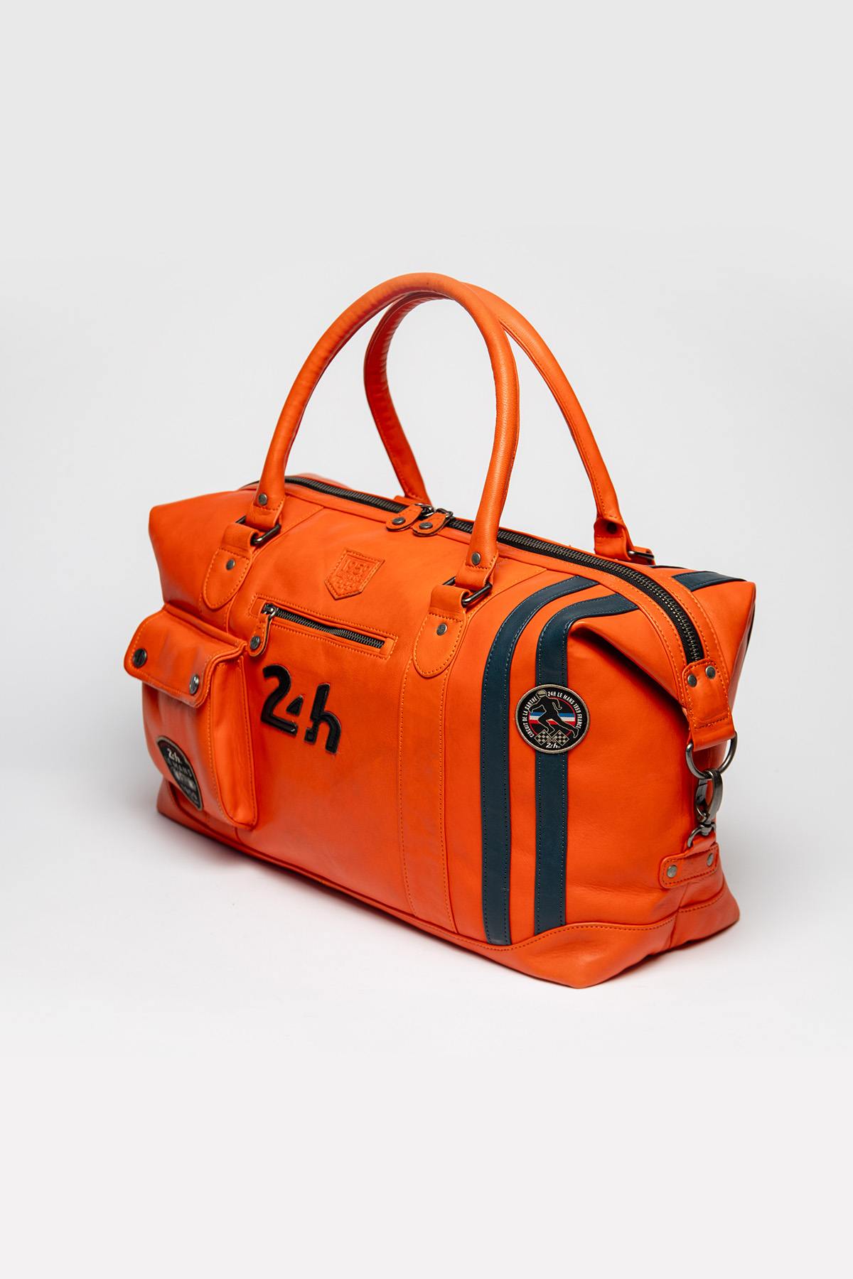 Racing-style orange leather travel bag - Image n°3