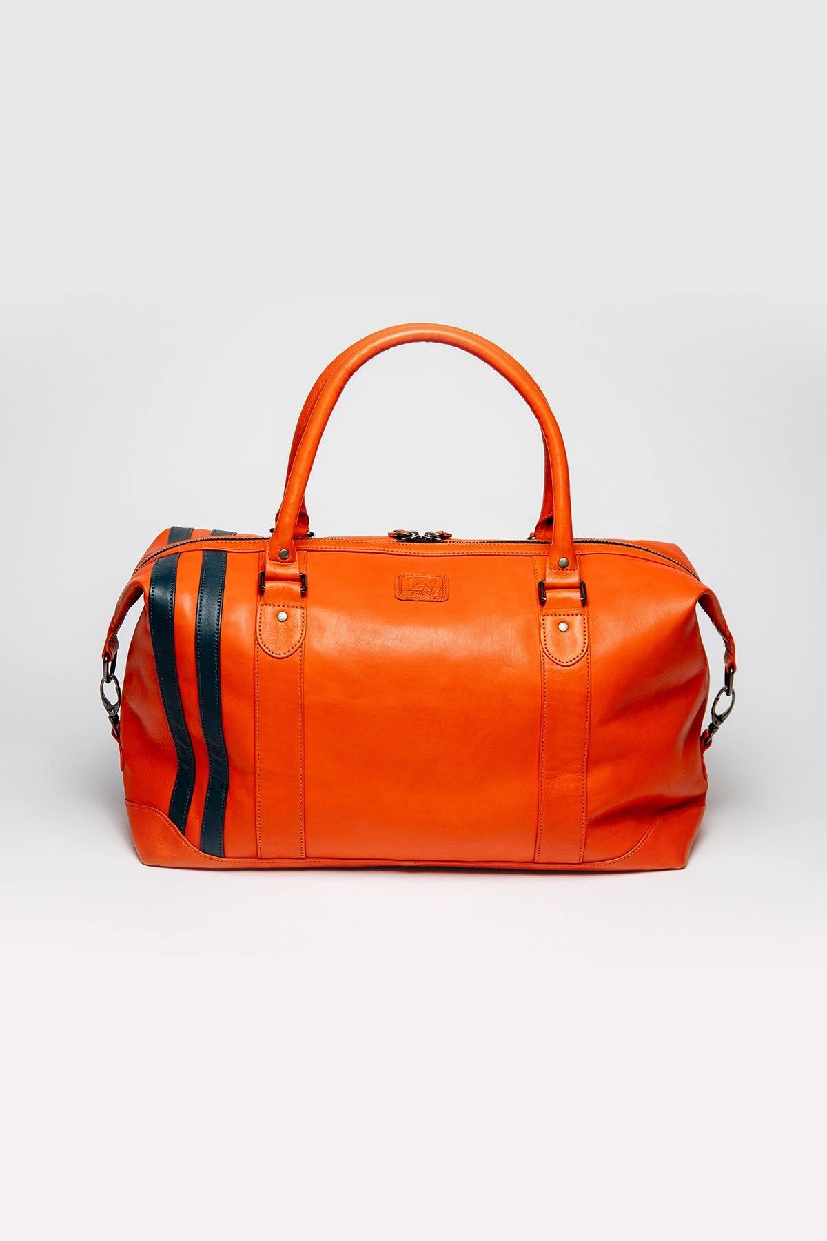 Racing-style orange leather travel bag - Image n°2