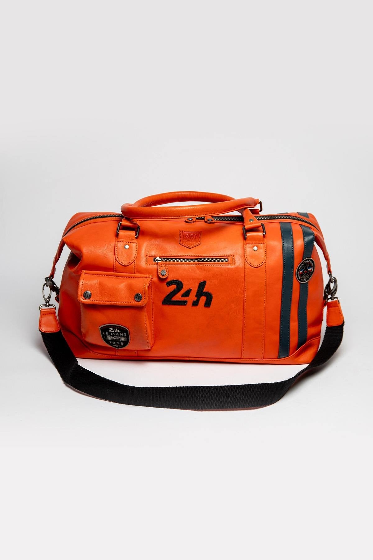 Racing-style orange leather travel bag - Image n°6