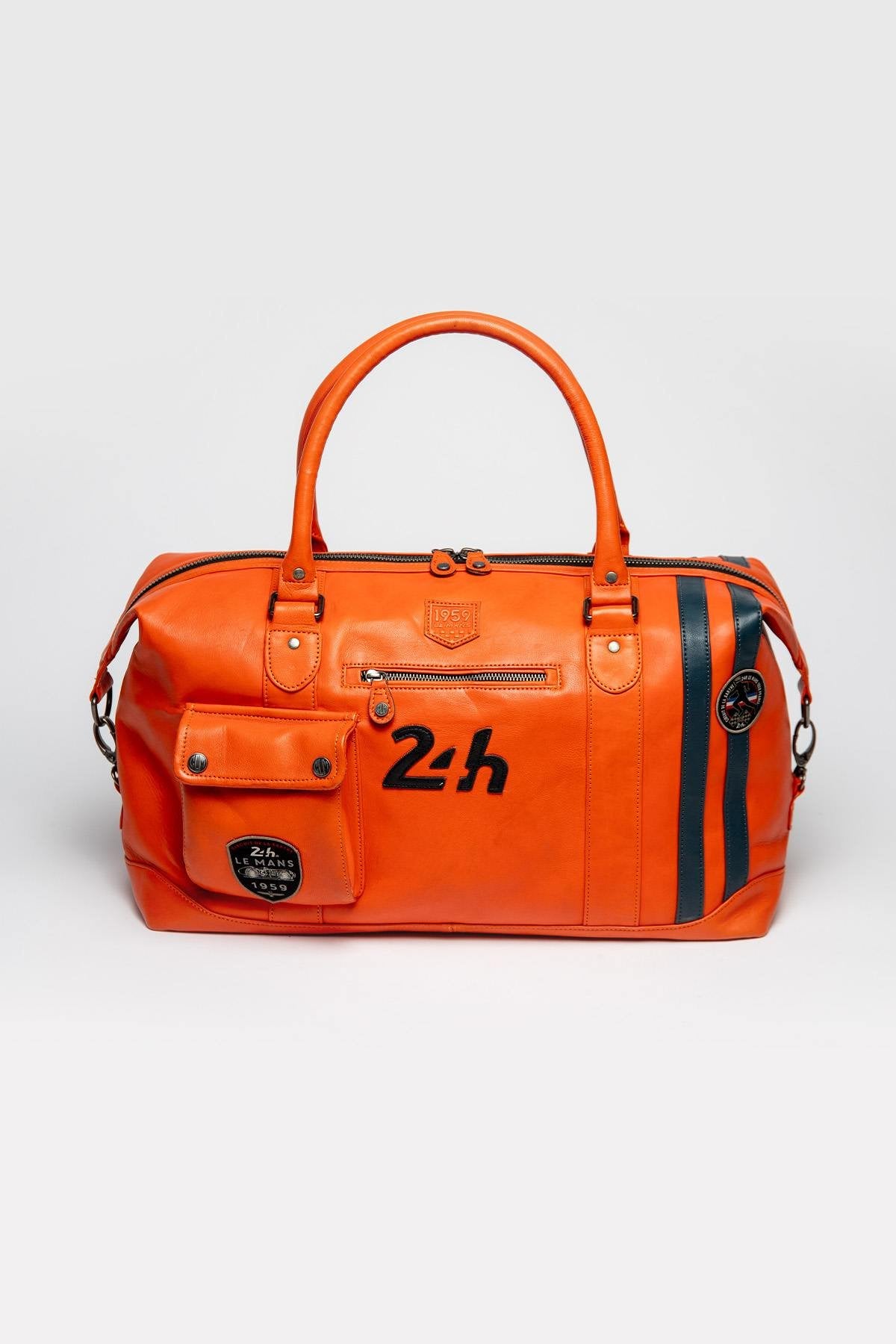 Racing-style orange leather travel bag - Image n°1