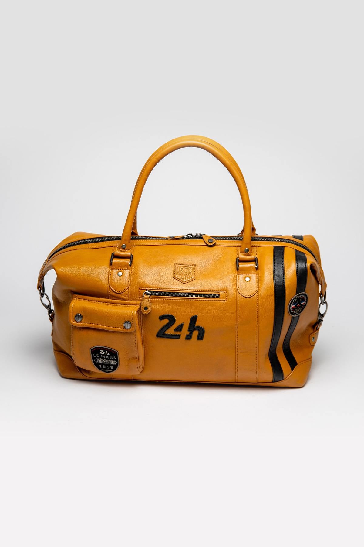 Yellow leather racing style travel bag - Image n°2