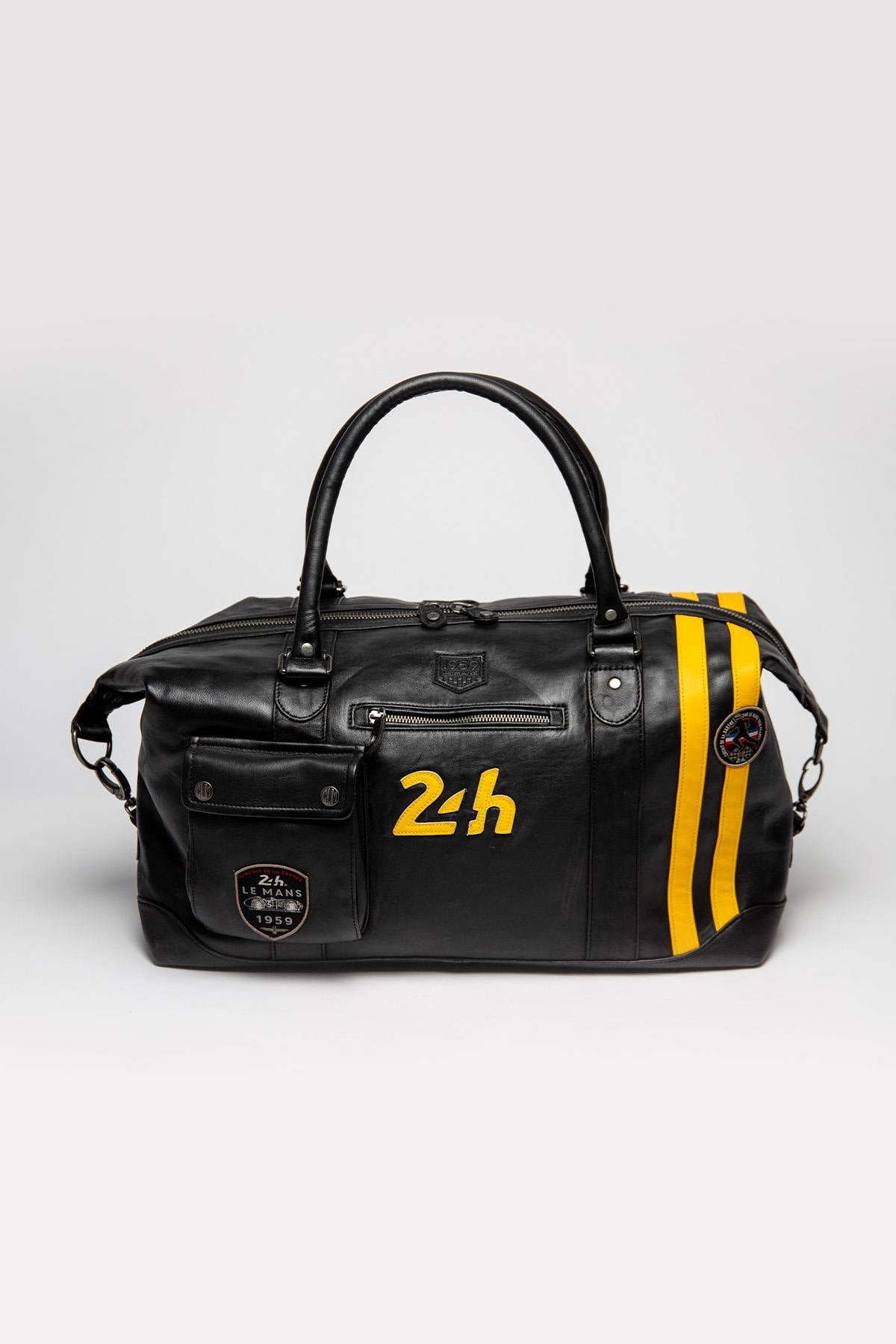 Black leather racing style travel bag - Image n°1