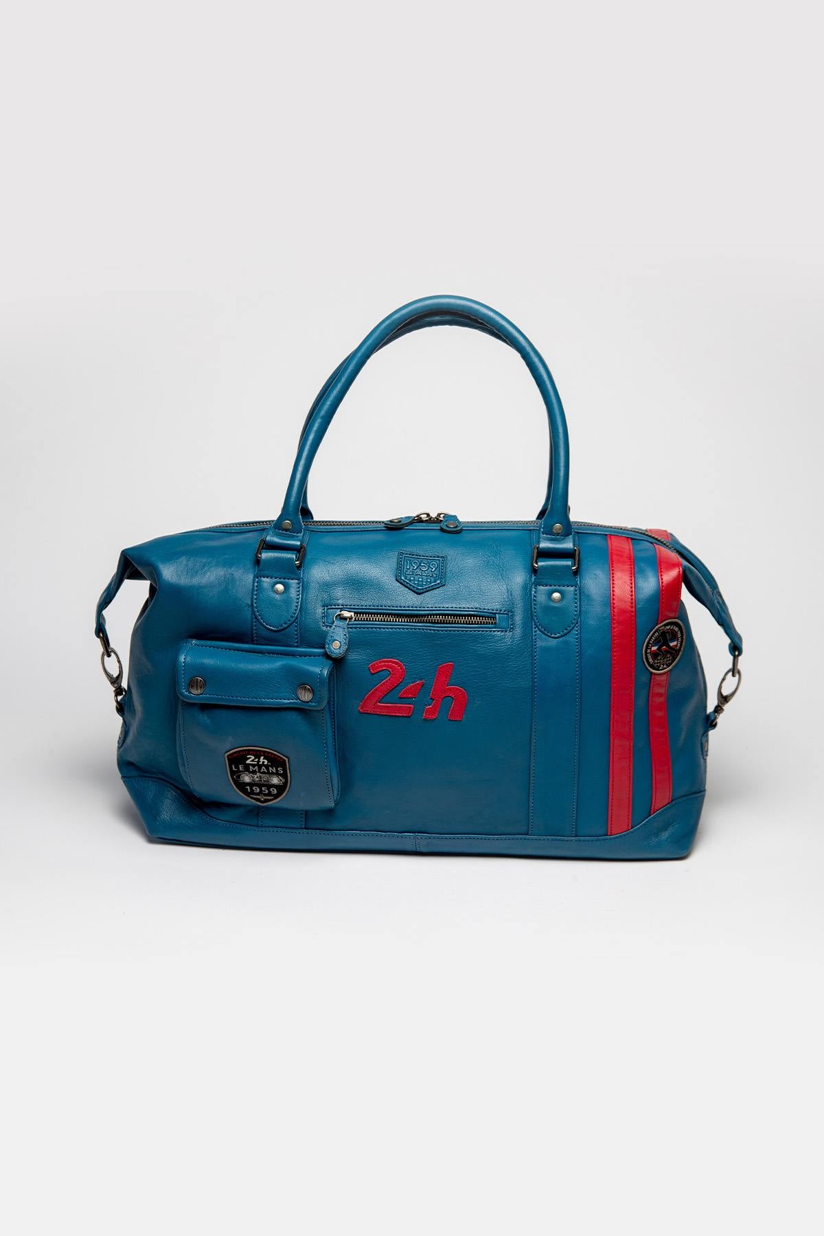 Racing style ocean blue leather travel bag - Image n°1