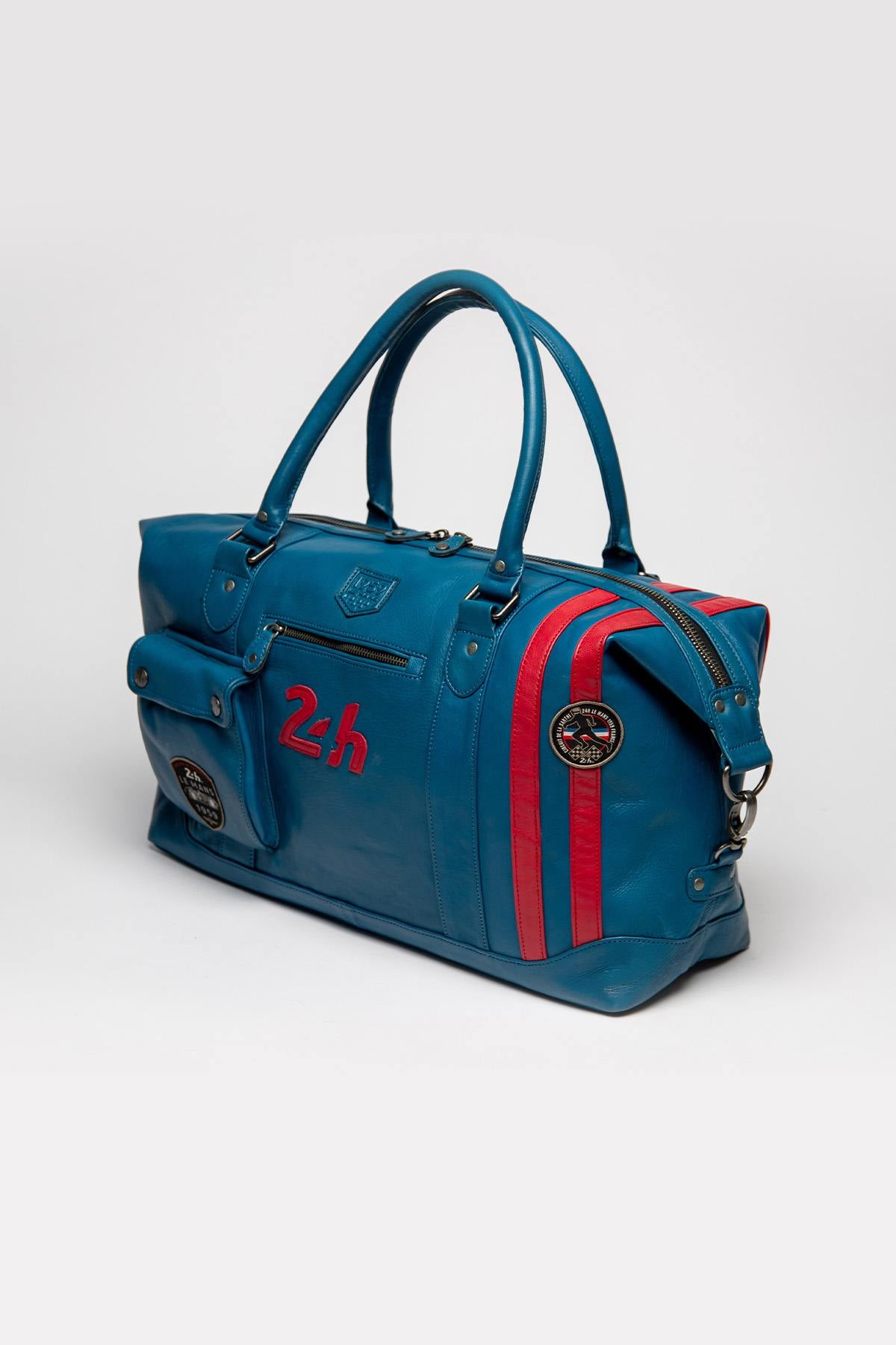 Racing style ocean blue leather travel bag - Image n°4