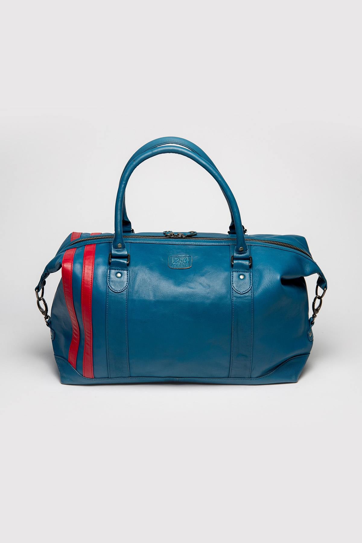 Racing style ocean blue leather travel bag - Image n°2