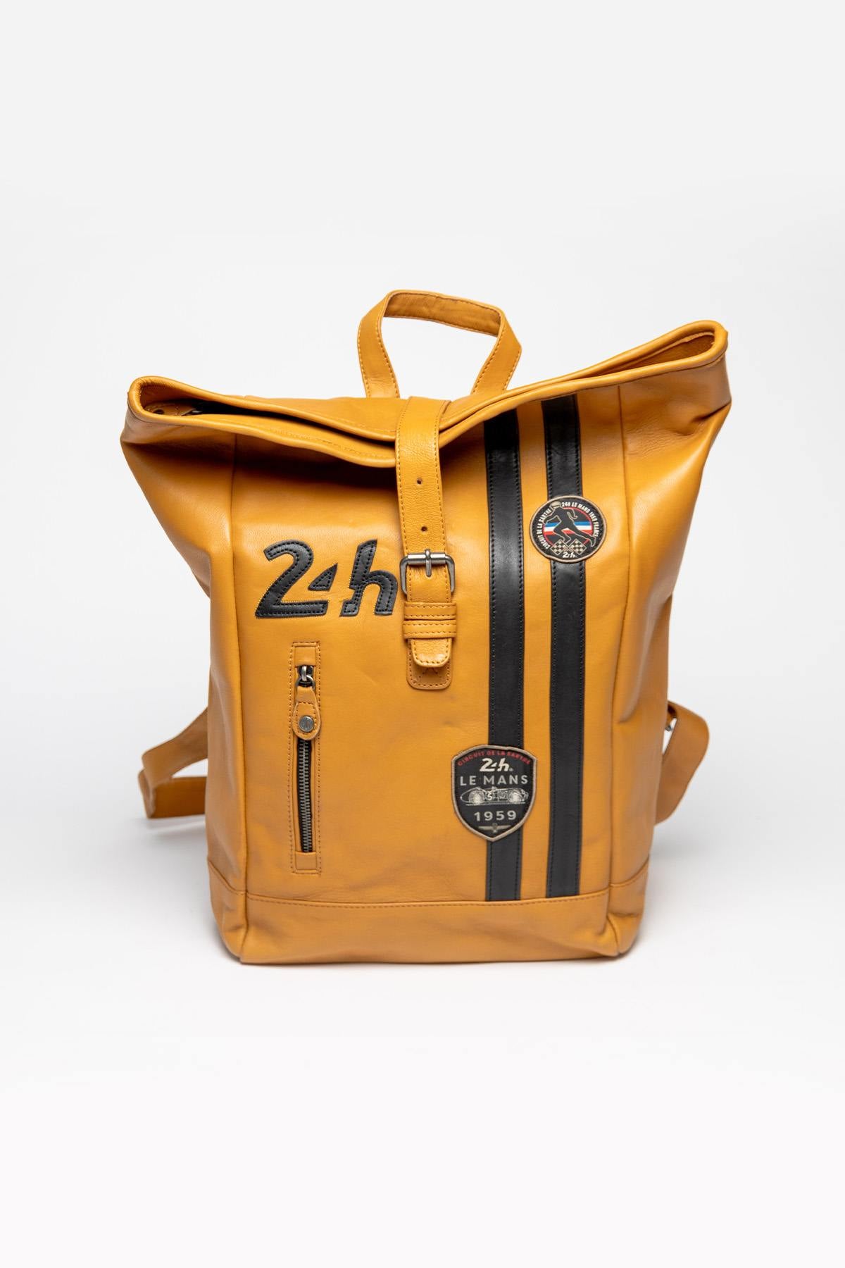 Racing style blue yellow leather backpack - Image n°1