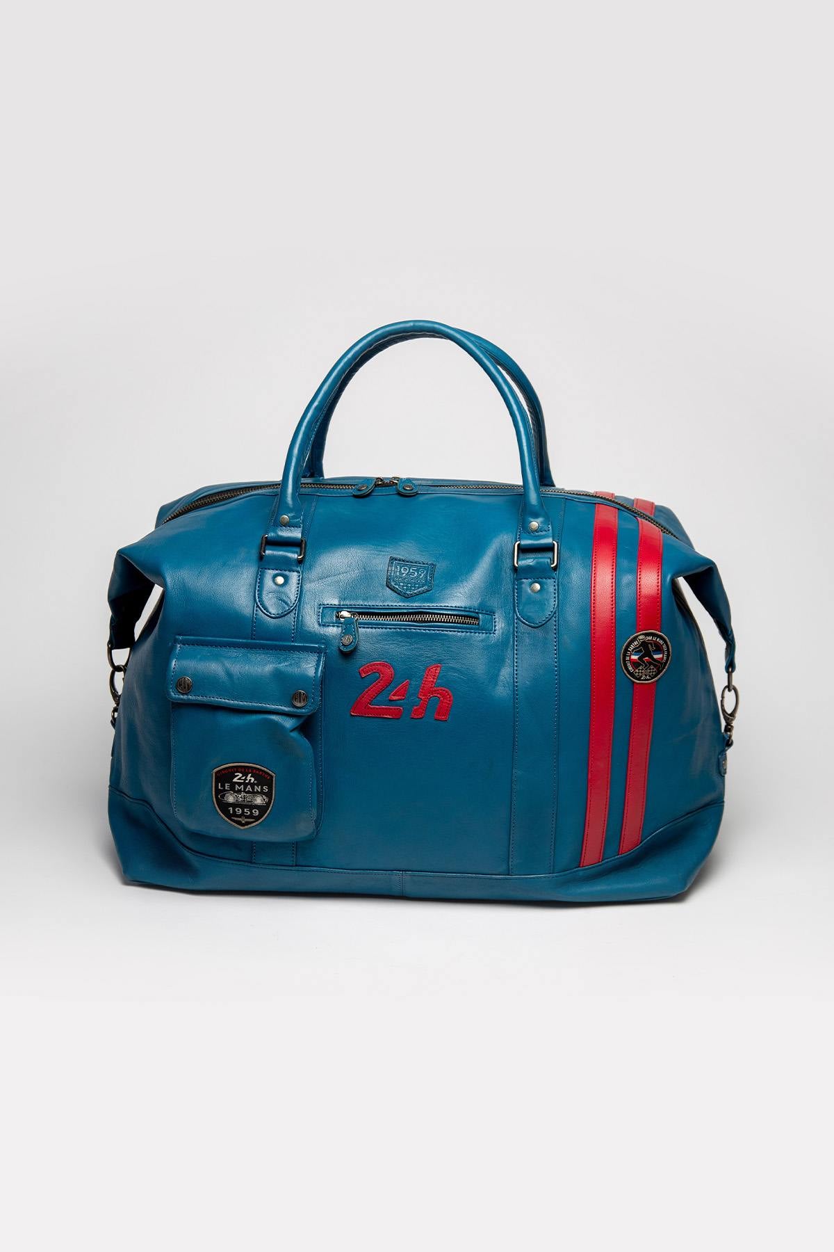 Ocean blue racing leather travel bag, 72-hour format - Image n°1