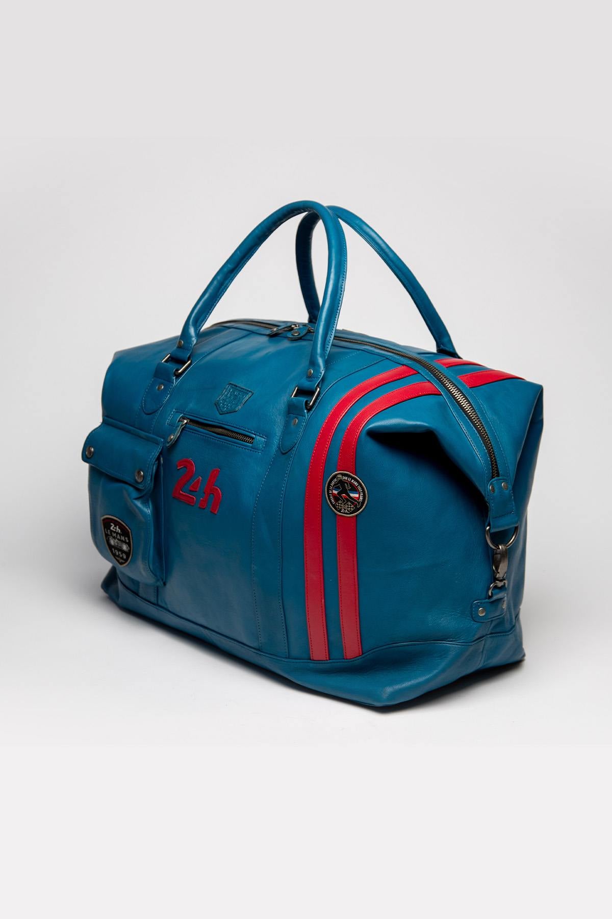 Ocean blue racing leather travel bag, 72-hour format - Image n°4