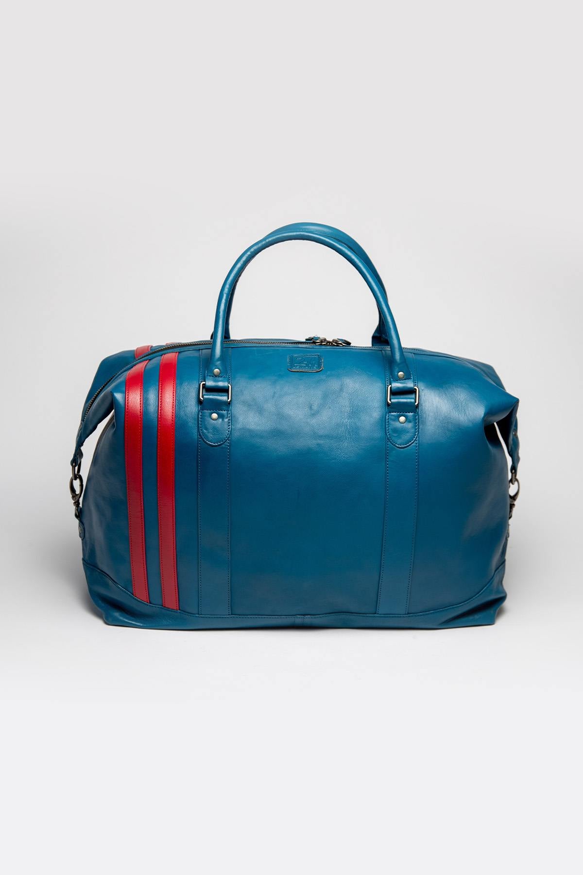 Ocean blue racing leather travel bag, 72-hour format - Image n°2