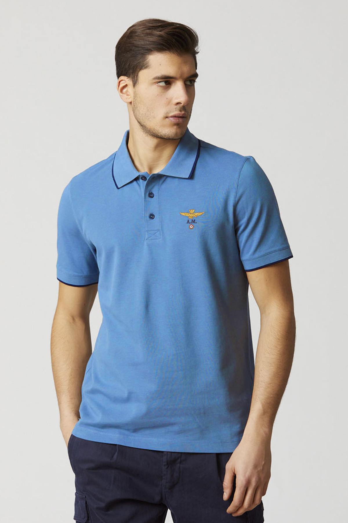 Sky blue short-sleeved cotton polo shirt - Image n°1