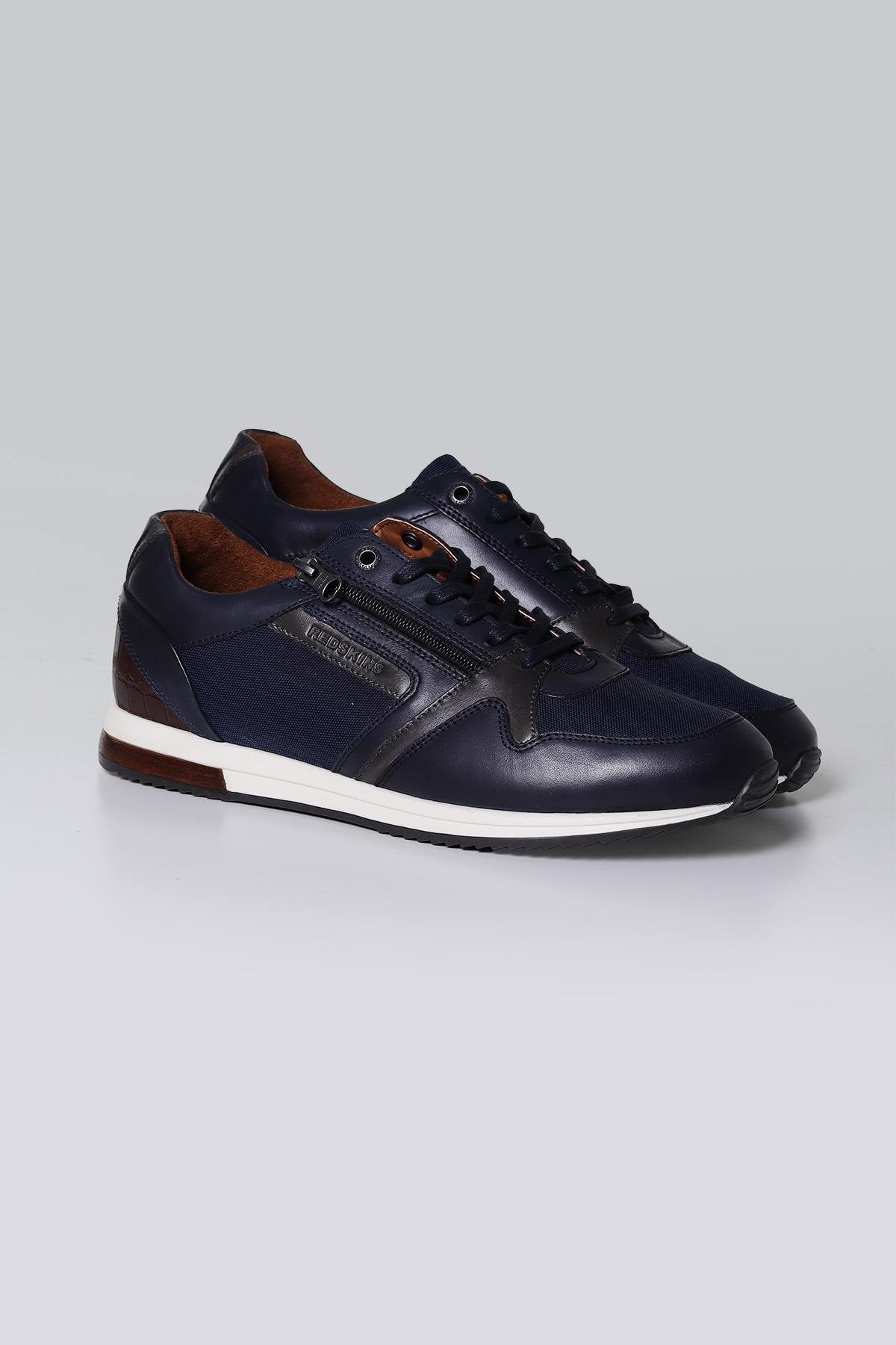 Navy and gray leather sneakers - Image n°1