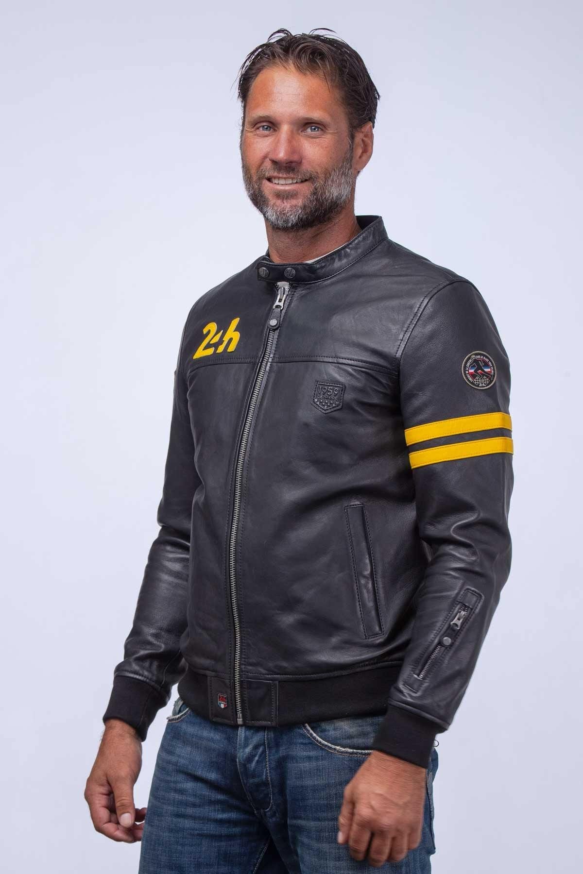 Black leather racing jacket with yellow details - Image n°5