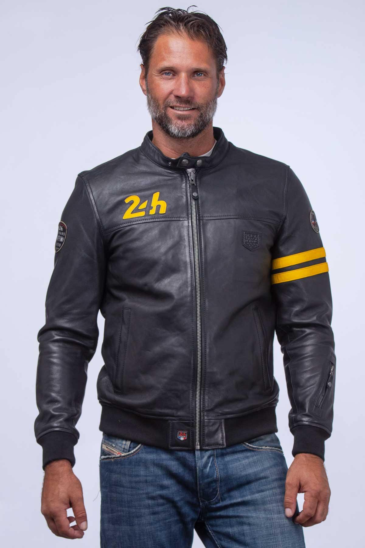 Black leather racing jacket with yellow details - Image n°1