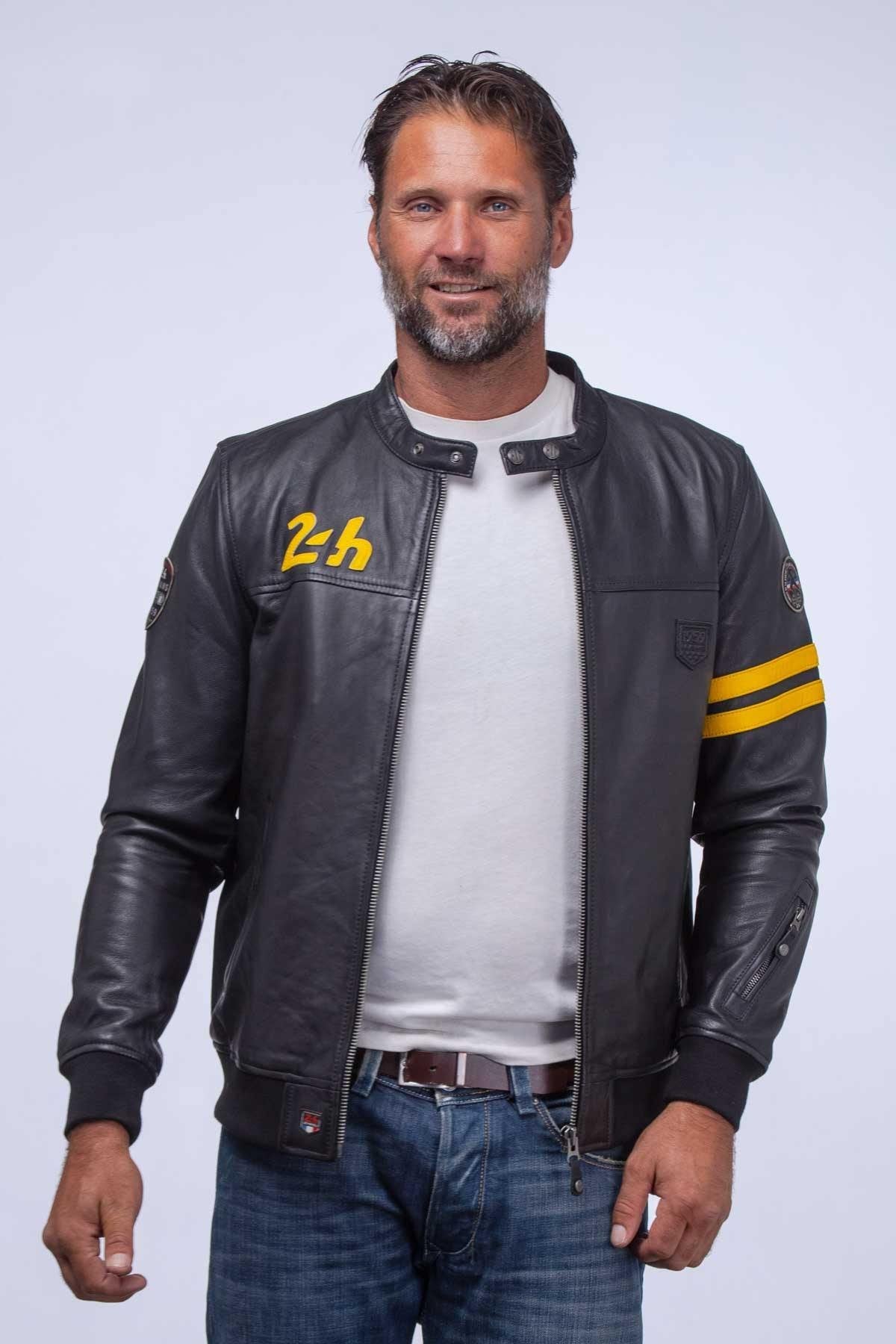 Black leather racing jacket with yellow details - Image n°3