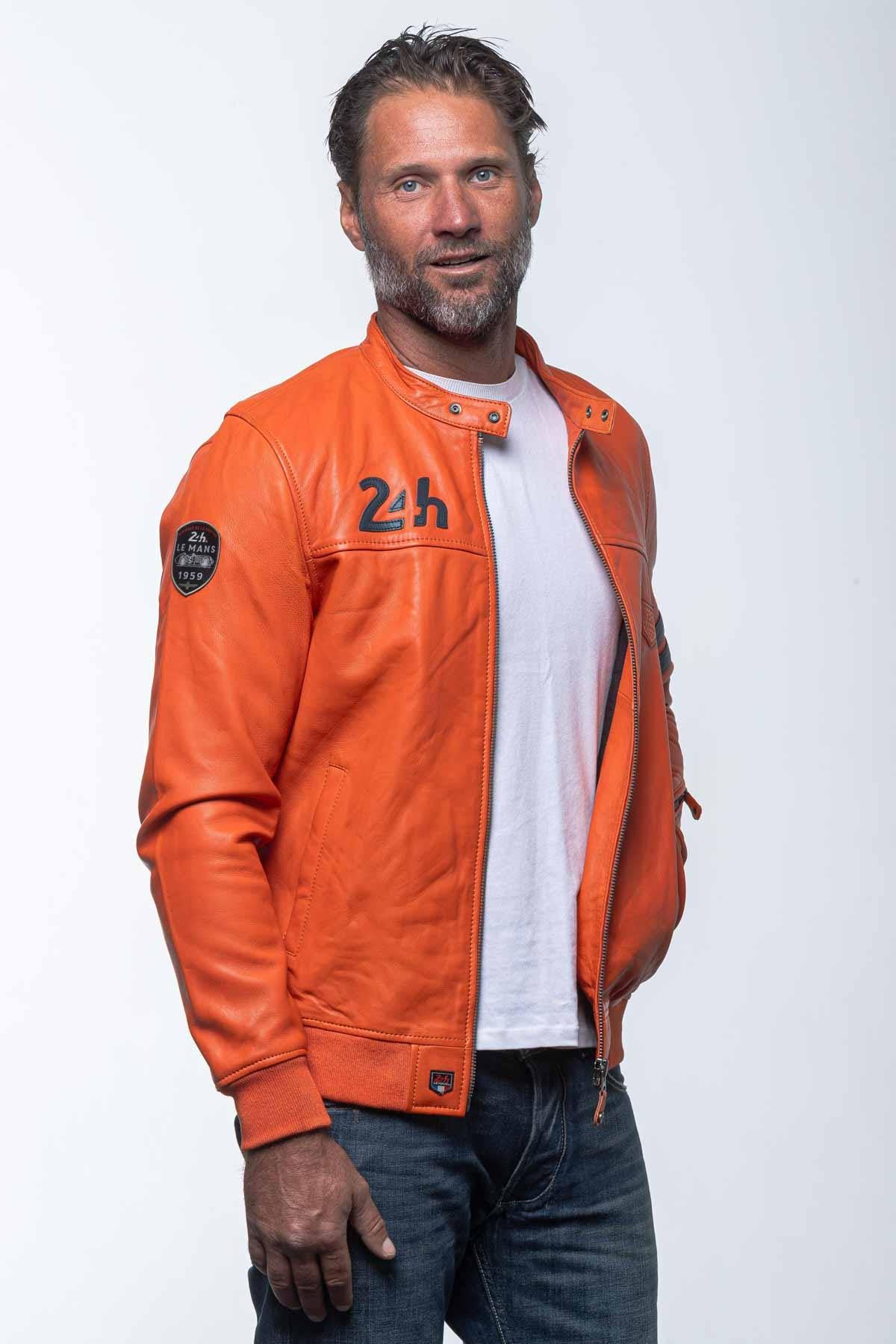 Orange leather racing jacket with blue details - Image n°4