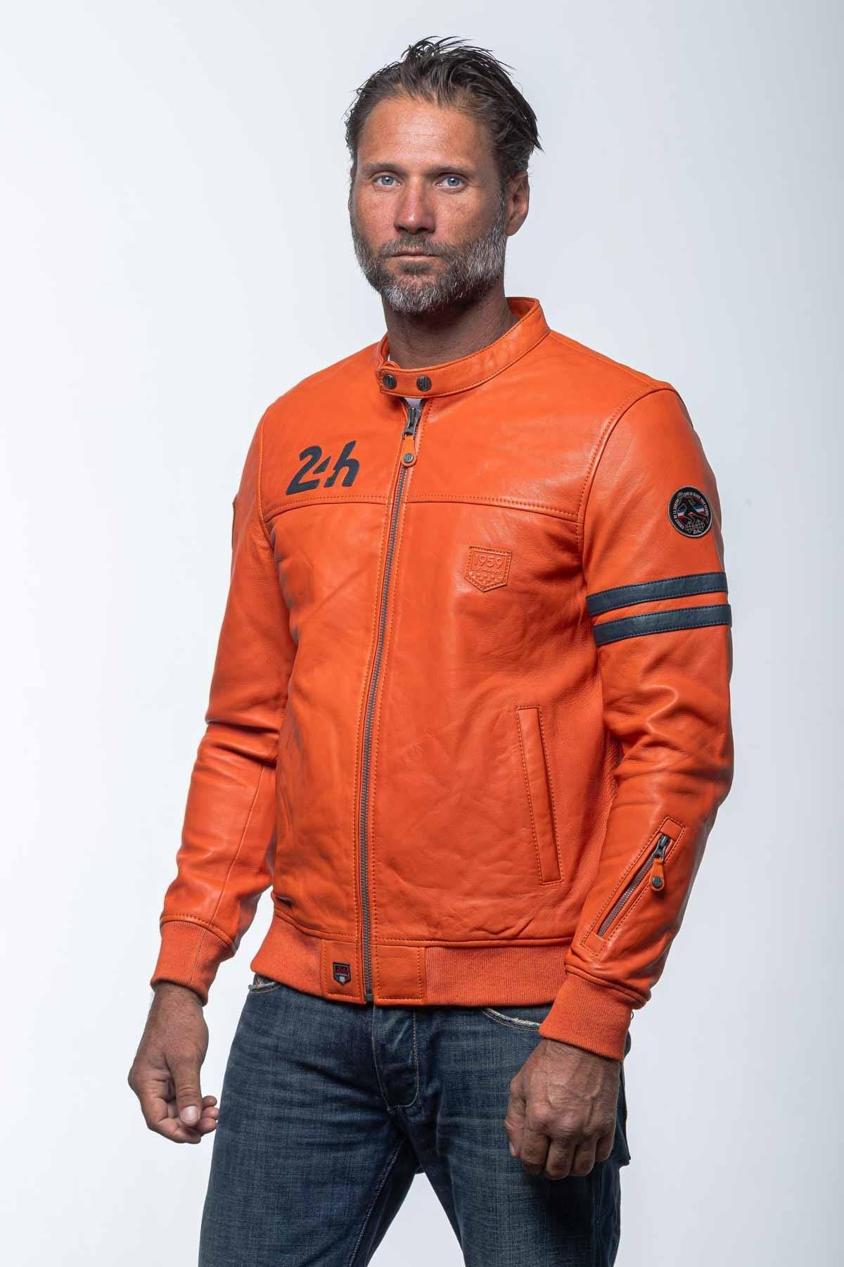 Orange leather racing jacket with blue details - Image n°2