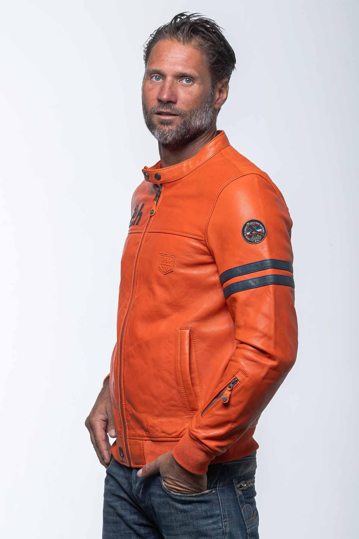 Orange leather racing jacket with blue details - Image n°1