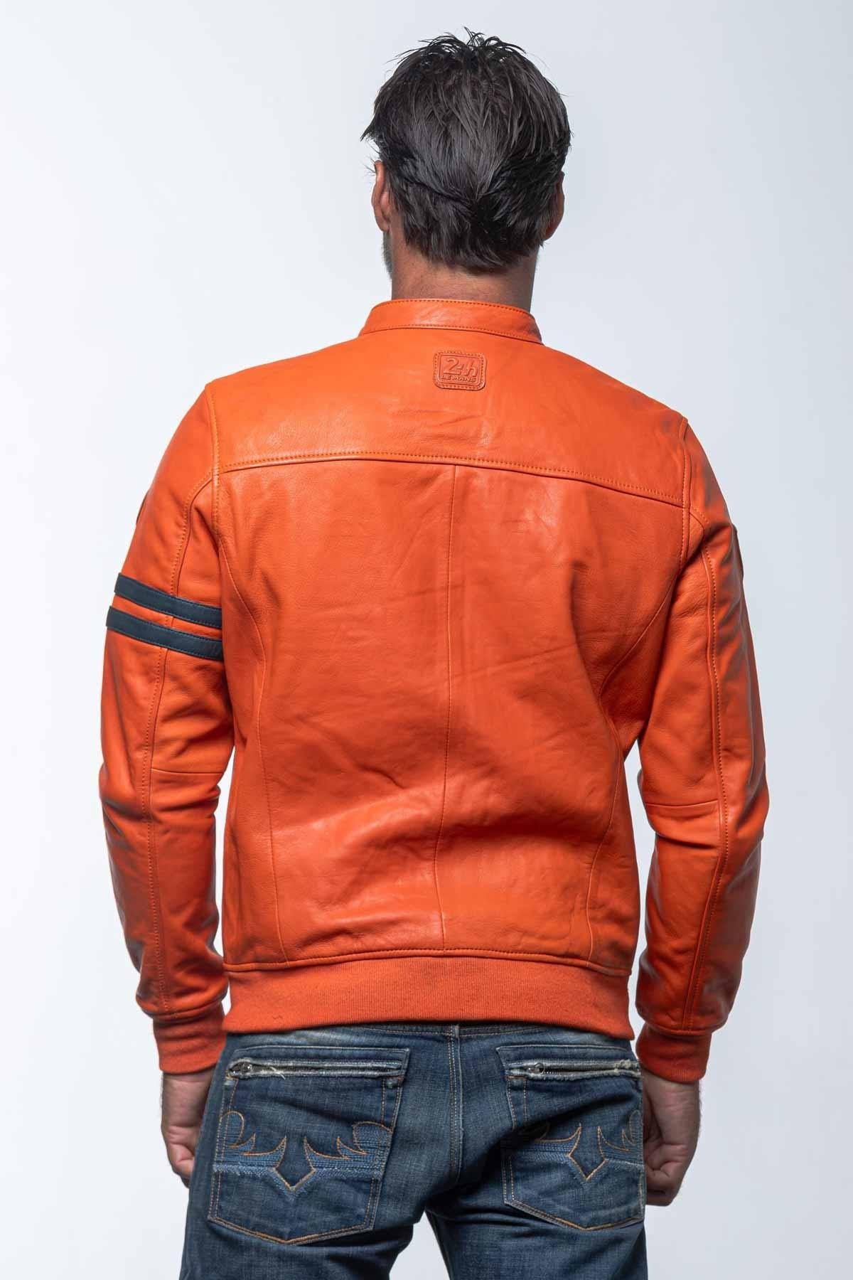 Orange leather racing jacket with blue details - Image n°3