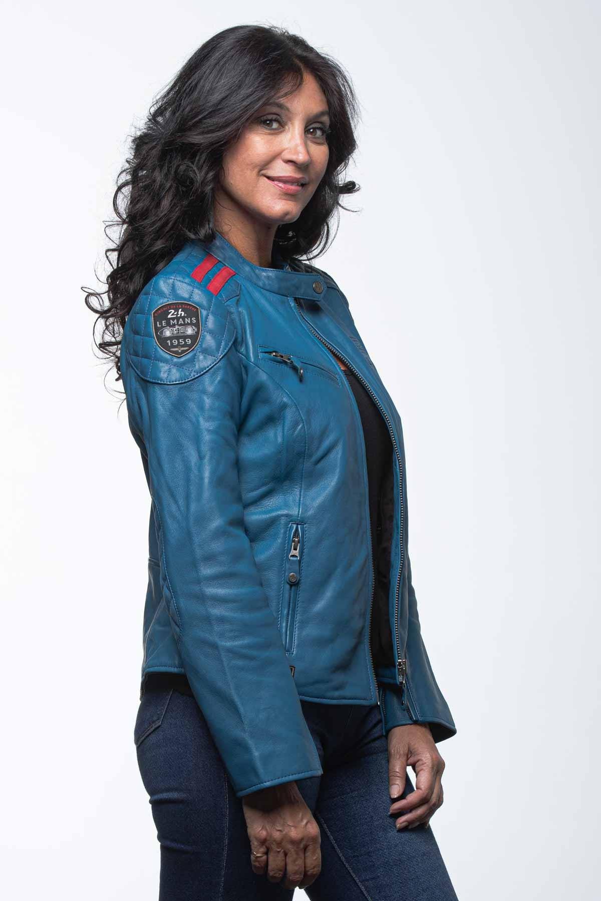 Ocean blue leather racing jacket for women - Image n°2