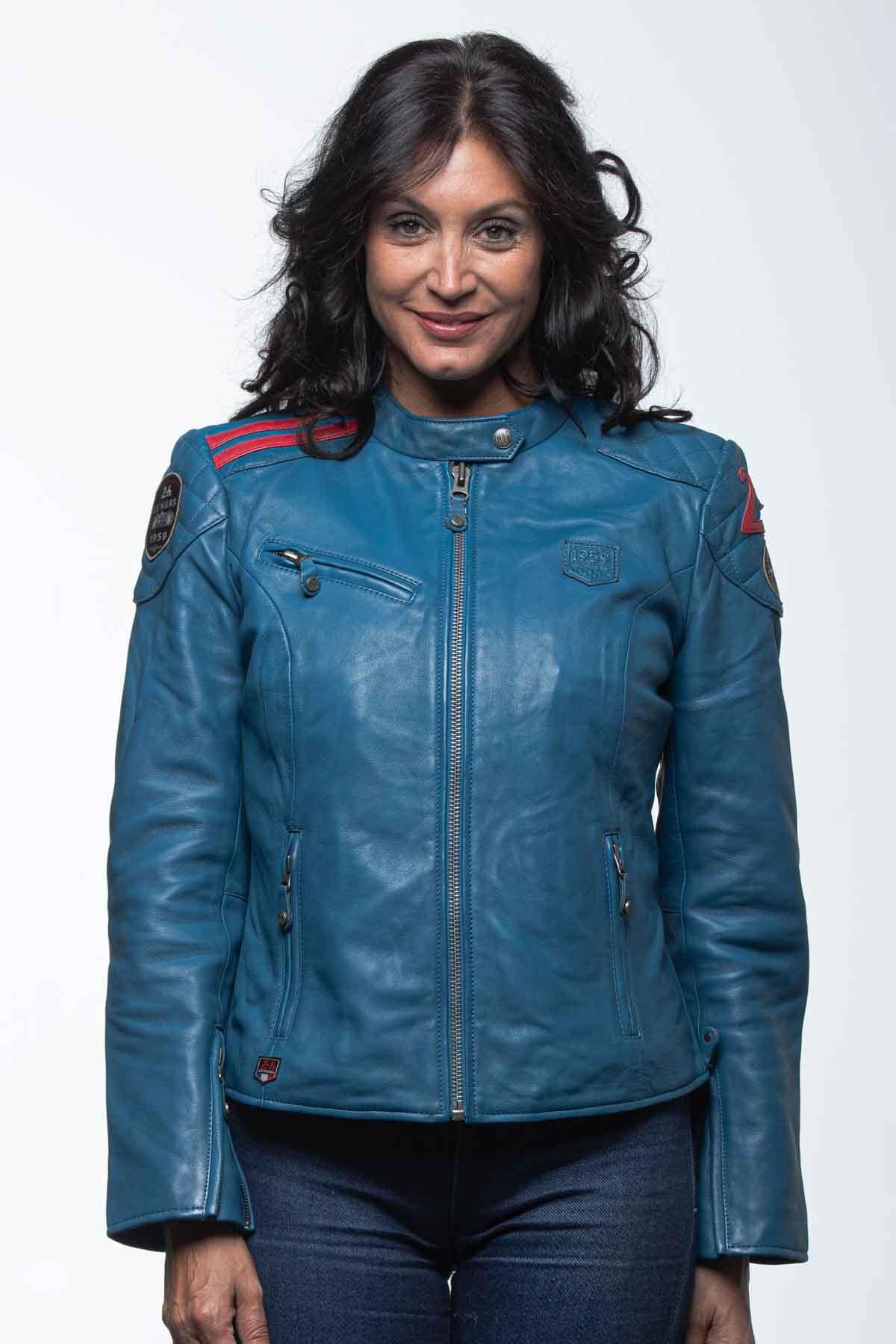 Ocean blue leather racing jacket for women - Image n°4