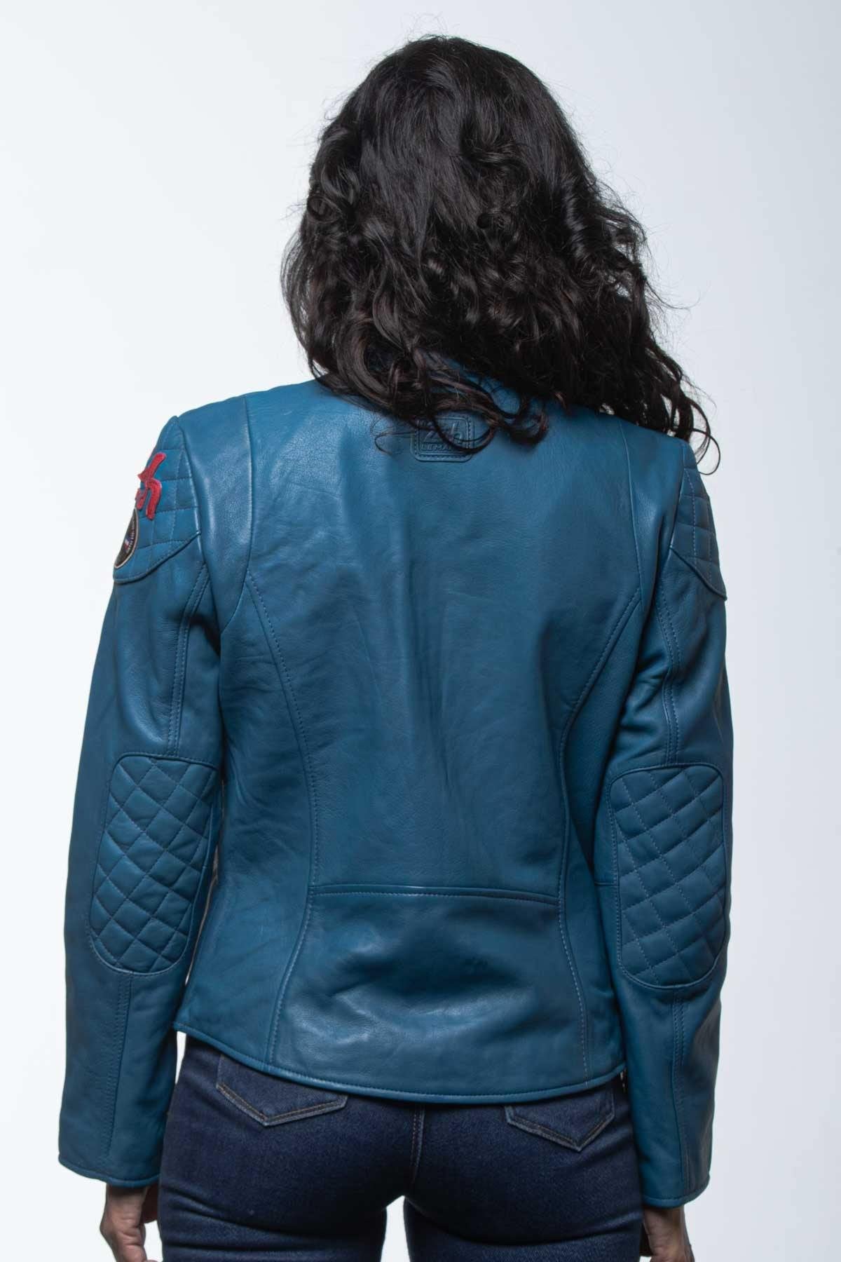 Ocean blue leather racing jacket for women - Image n°3