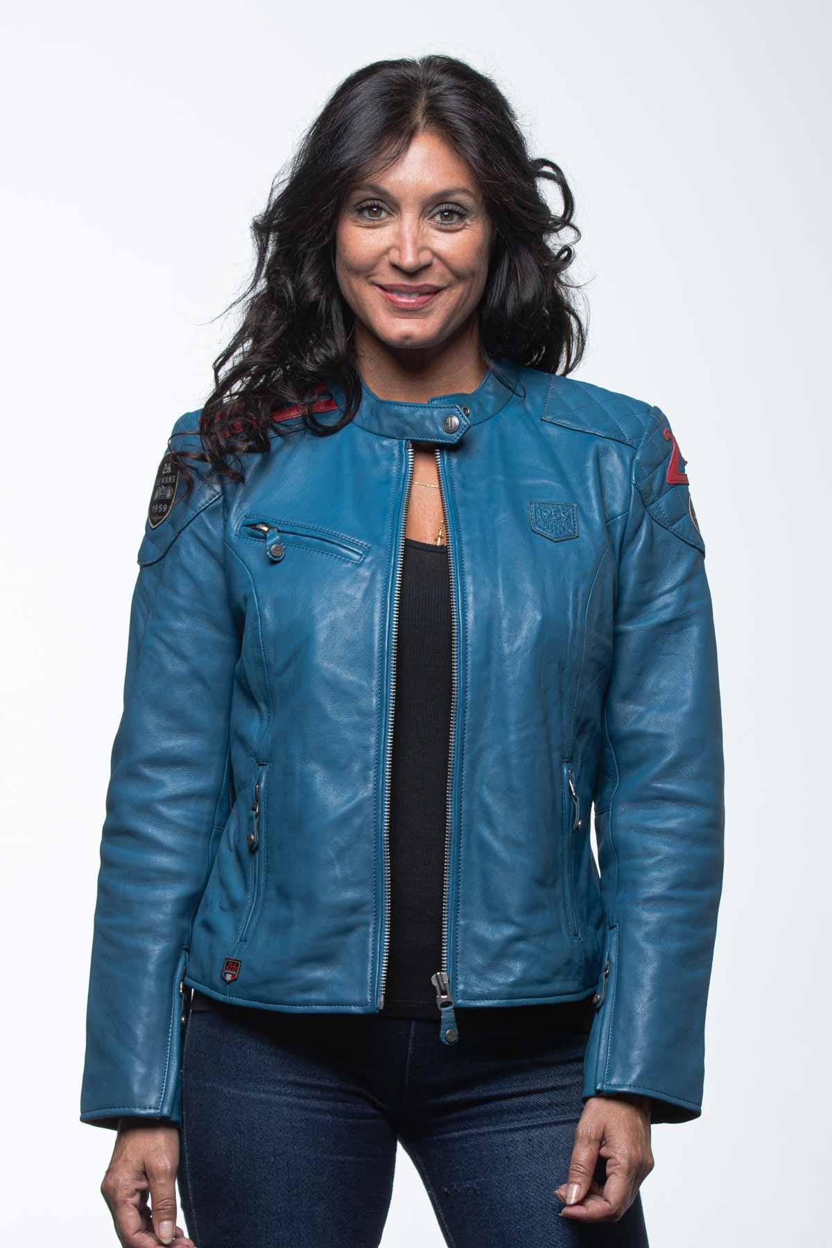 Ocean blue leather racing jacket for women - Image n°1