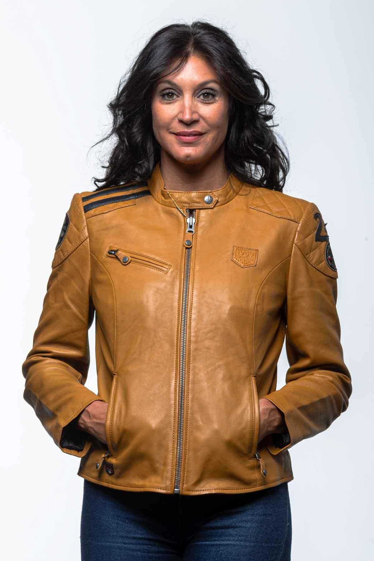 Yellow leather racing jacket for women - Image n°1