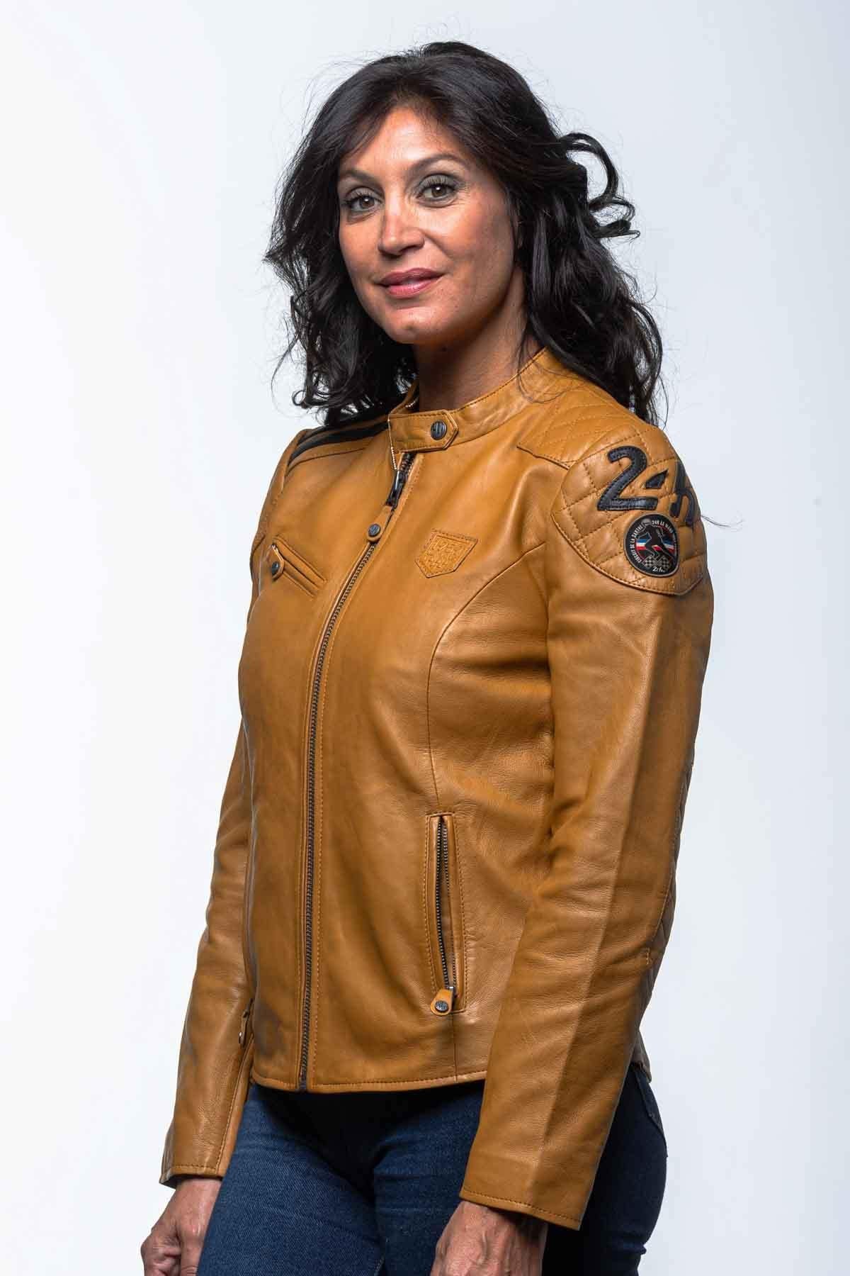 Yellow leather racing jacket for women - Image n°2