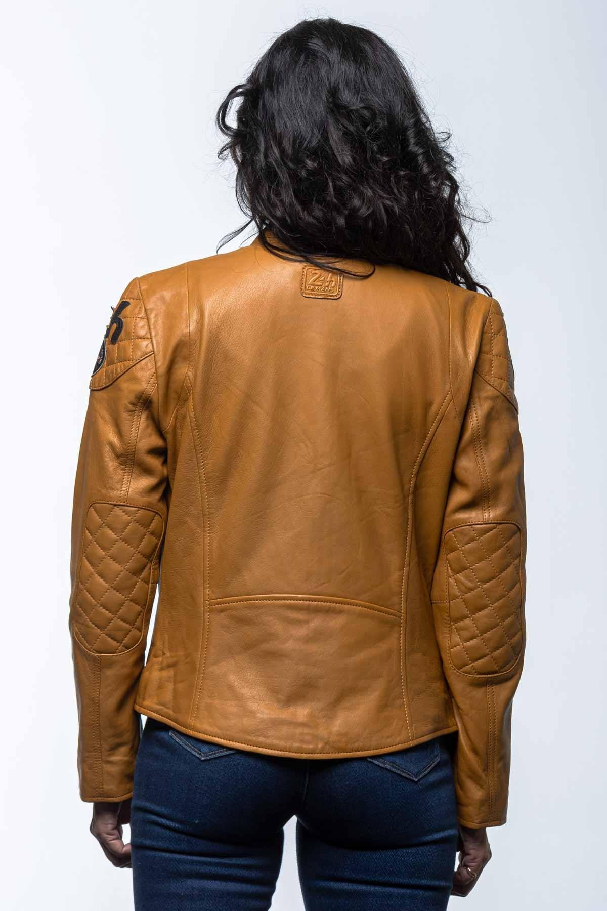 Yellow leather racing jacket for women - Image n°3