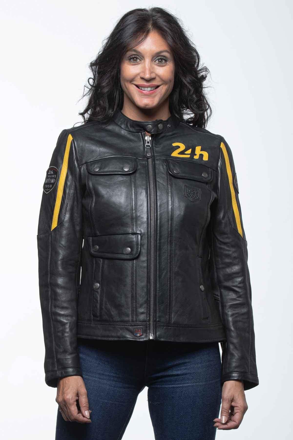 Black and yellow leather racing jacket for women - Image n°1