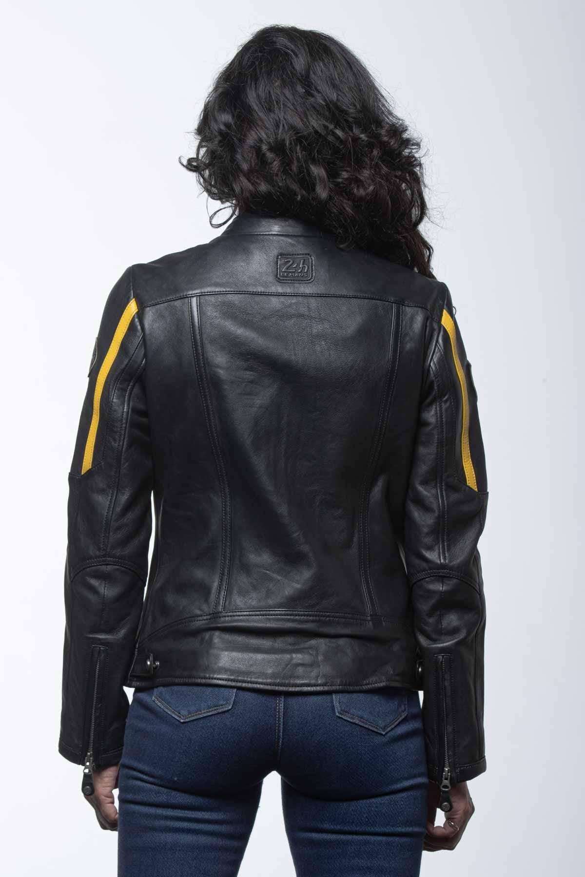 Black and yellow leather racing jacket for women - Image n°3