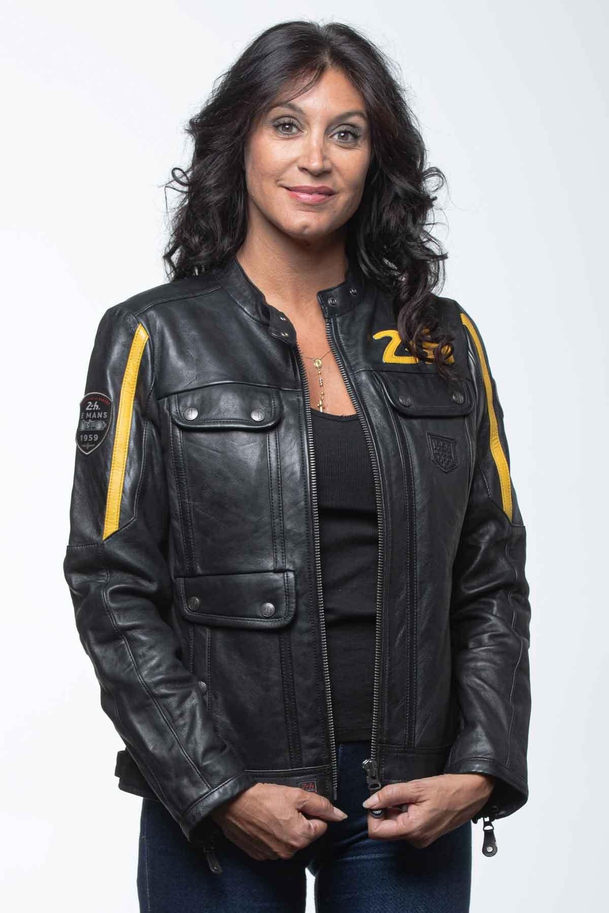 Black and yellow leather racing jacket for women - Image n°4