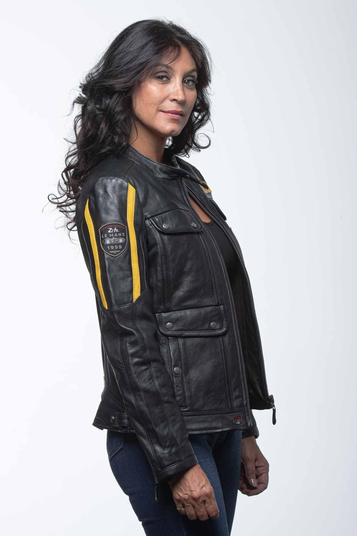 Black and yellow leather racing jacket for women - Image n°2