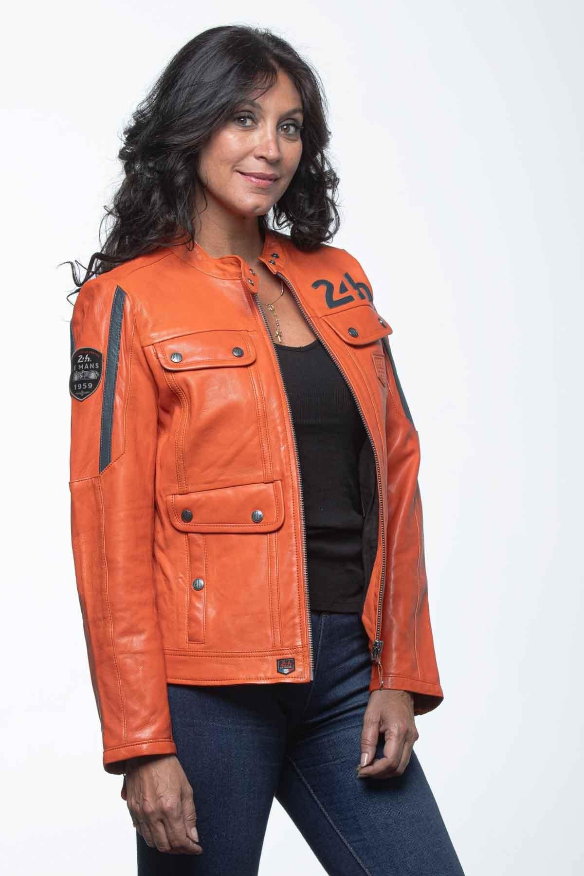 Orange leather racing jacket for women - Image n°4