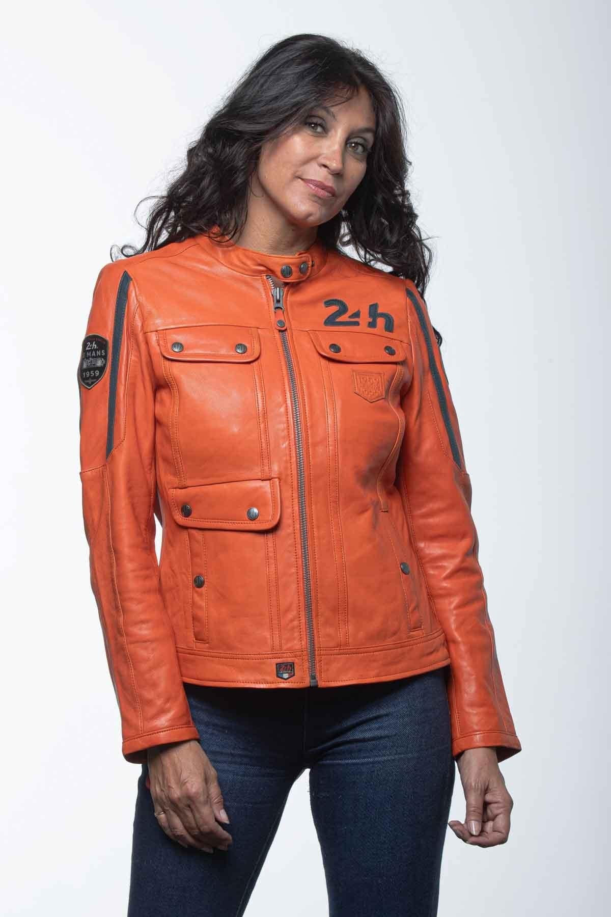 Orange leather racing jacket for women - Image n°1