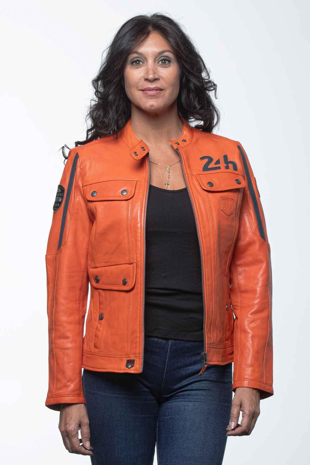 Orange leather racing jacket for women - Image n°5