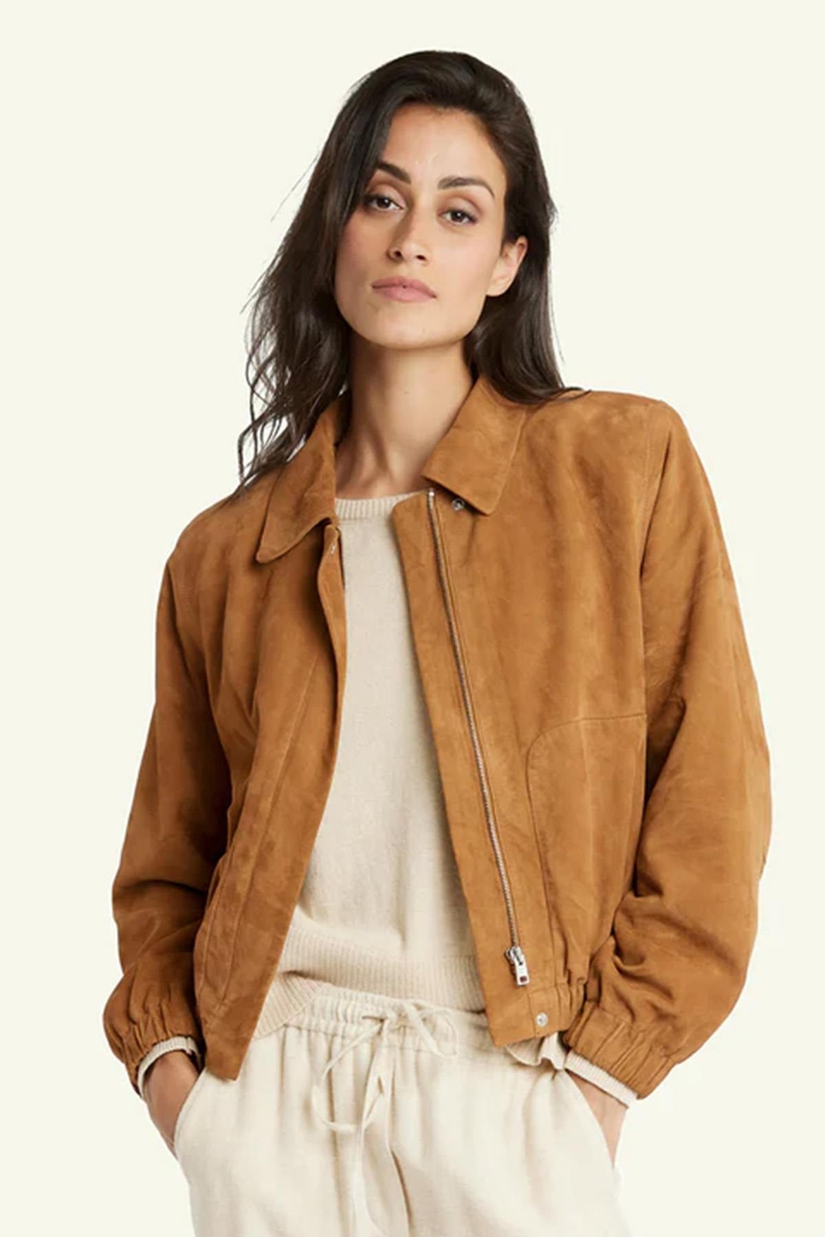 Women's cognac-colored suede leather jacket - Image n°3